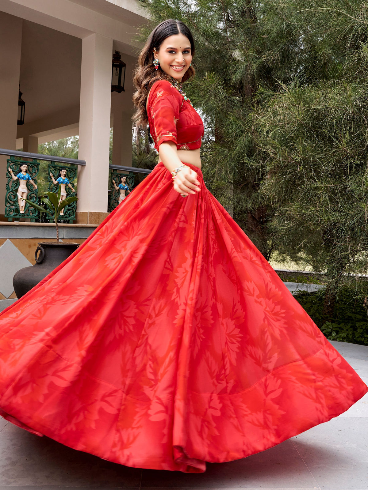 Radiant Red Printed Georgette Navratri Wear Lehenga Choli