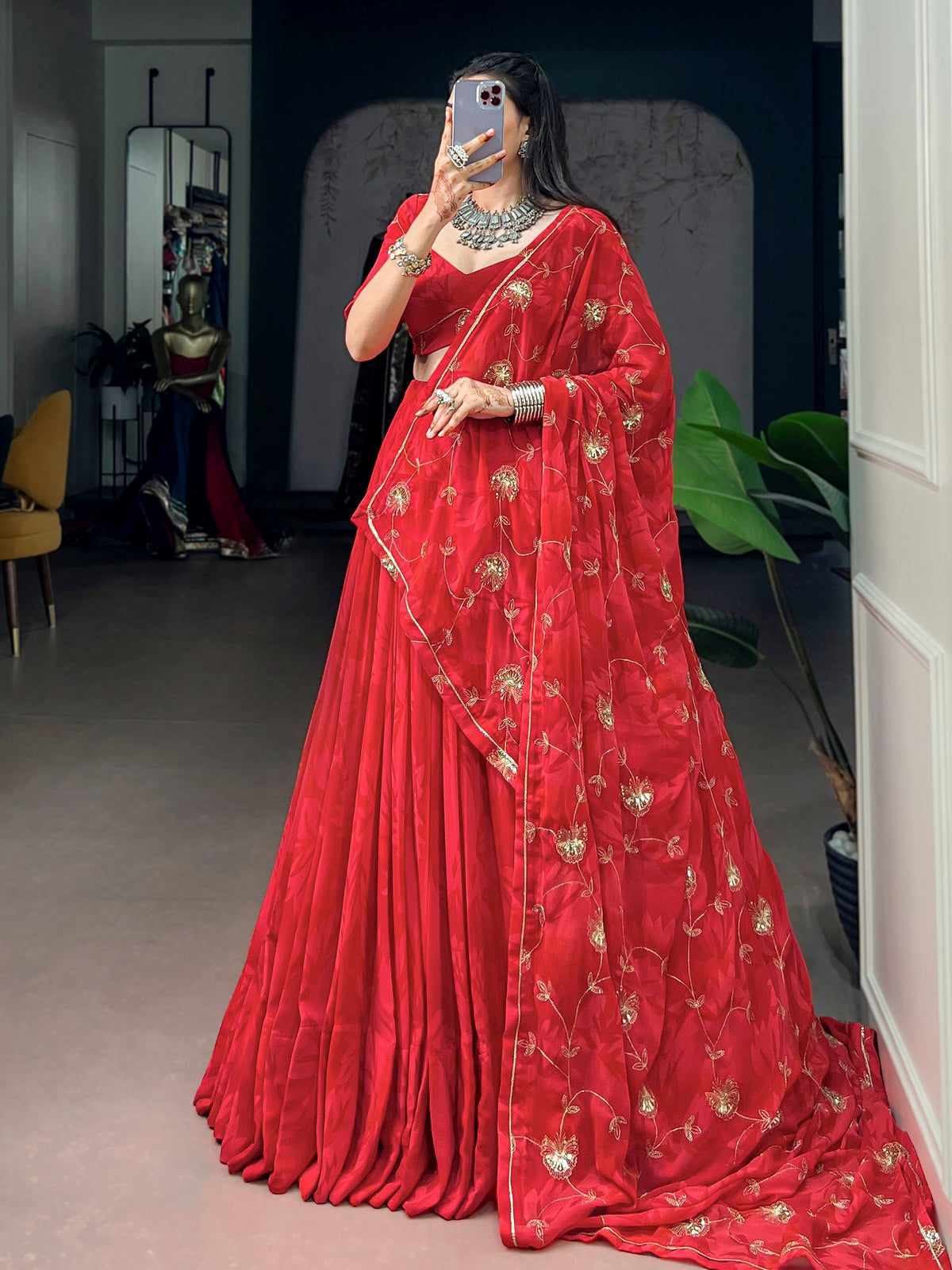 Impressive Red Sequins Work Georgette Navratri Wear Lehenga Choli