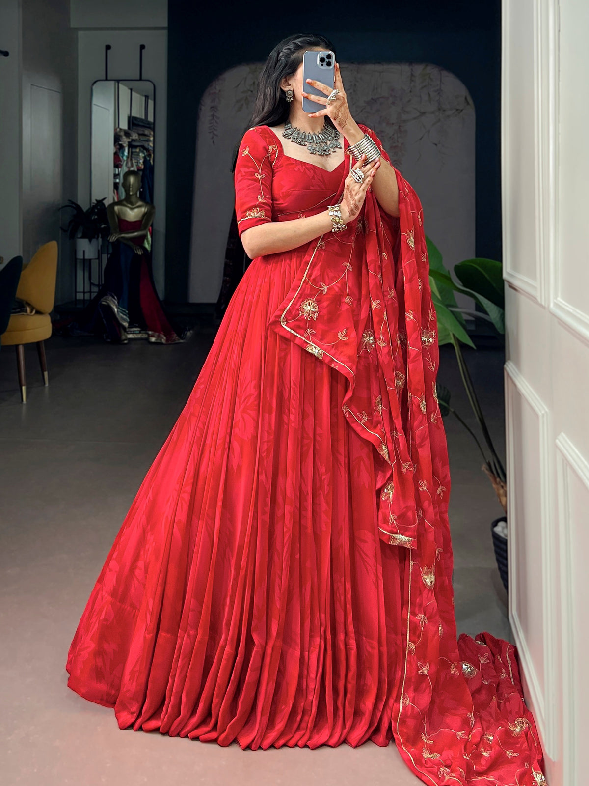Impressive Red Sequins Work Georgette Navratri Wear Lehenga Choli