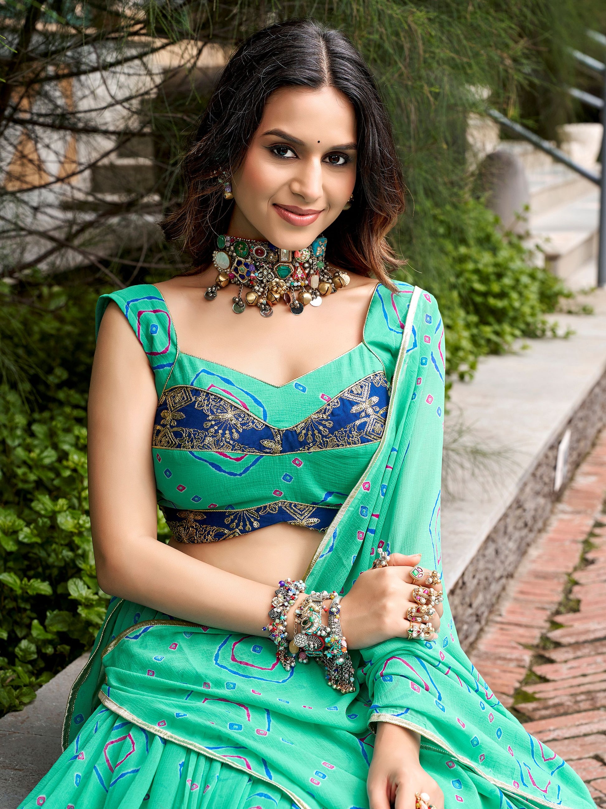 Vibrant Aqua Green Bandhej Print Georgette Navratri Wear Lehenga Choli
