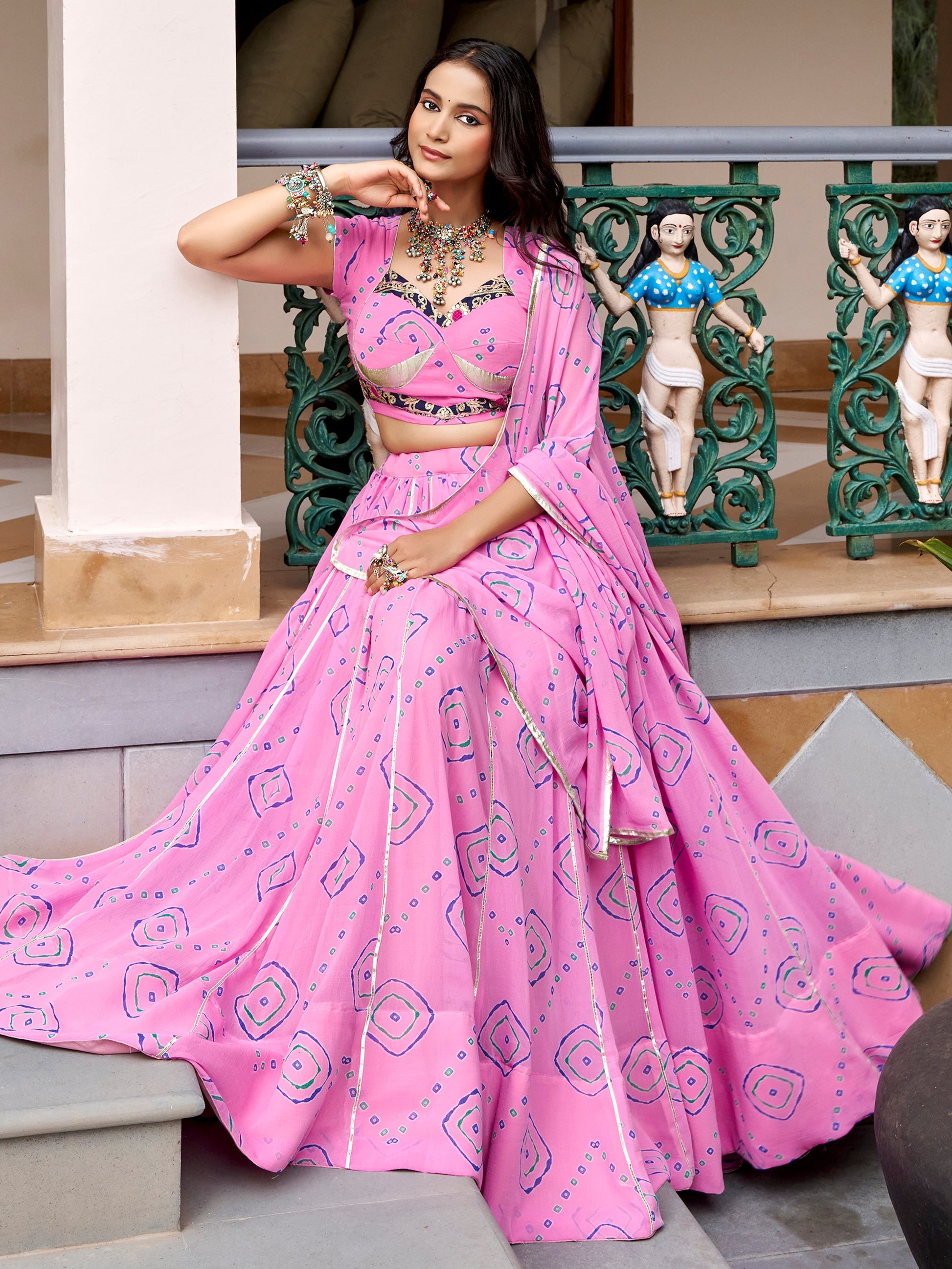 Pretty Light Pink Bandhej Print Georgette Navratri Wear Lehenga Choli