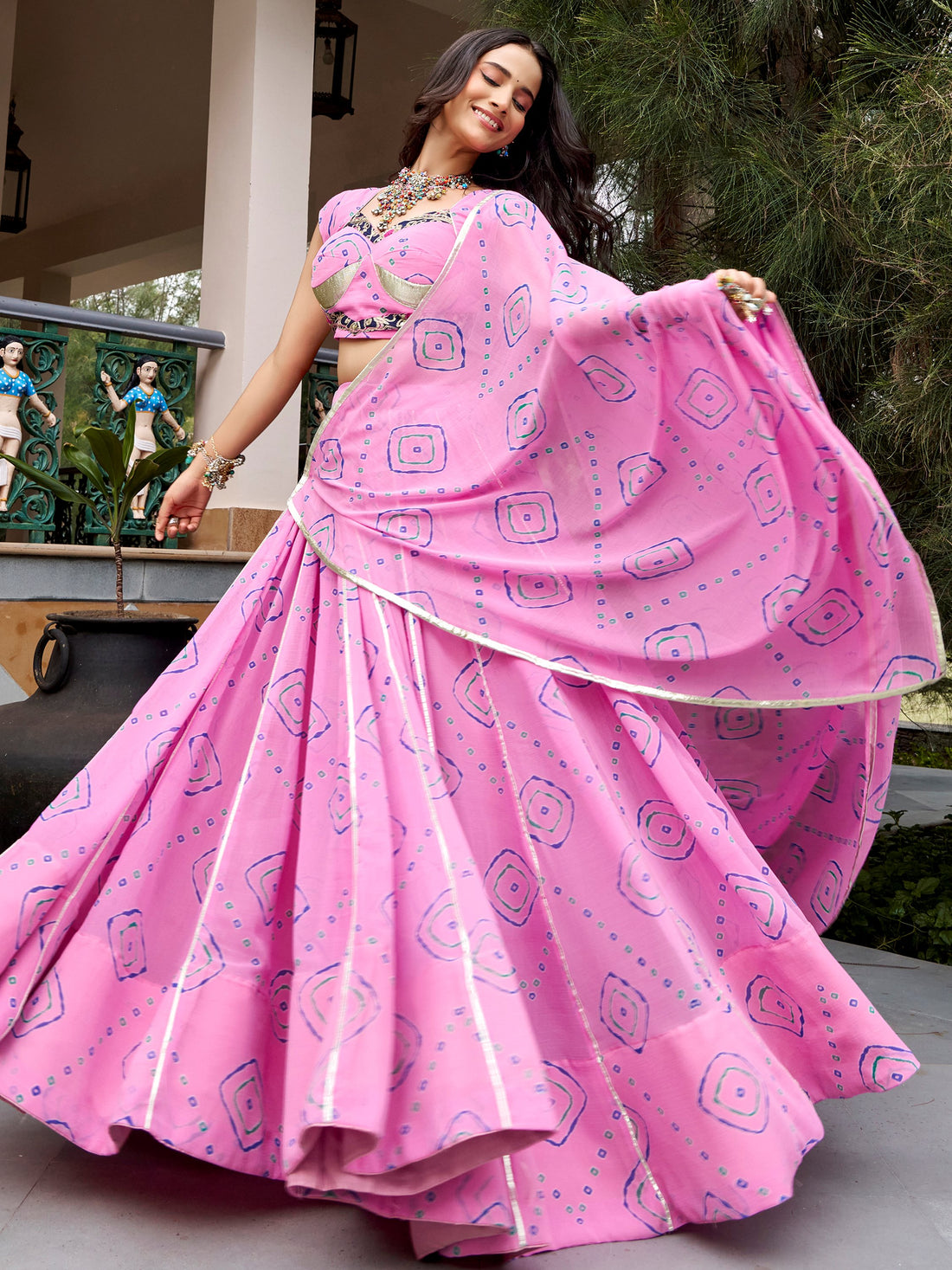 Pretty Light Pink Bandhej Print Georgette Navratri Wear Lehenga Choli
