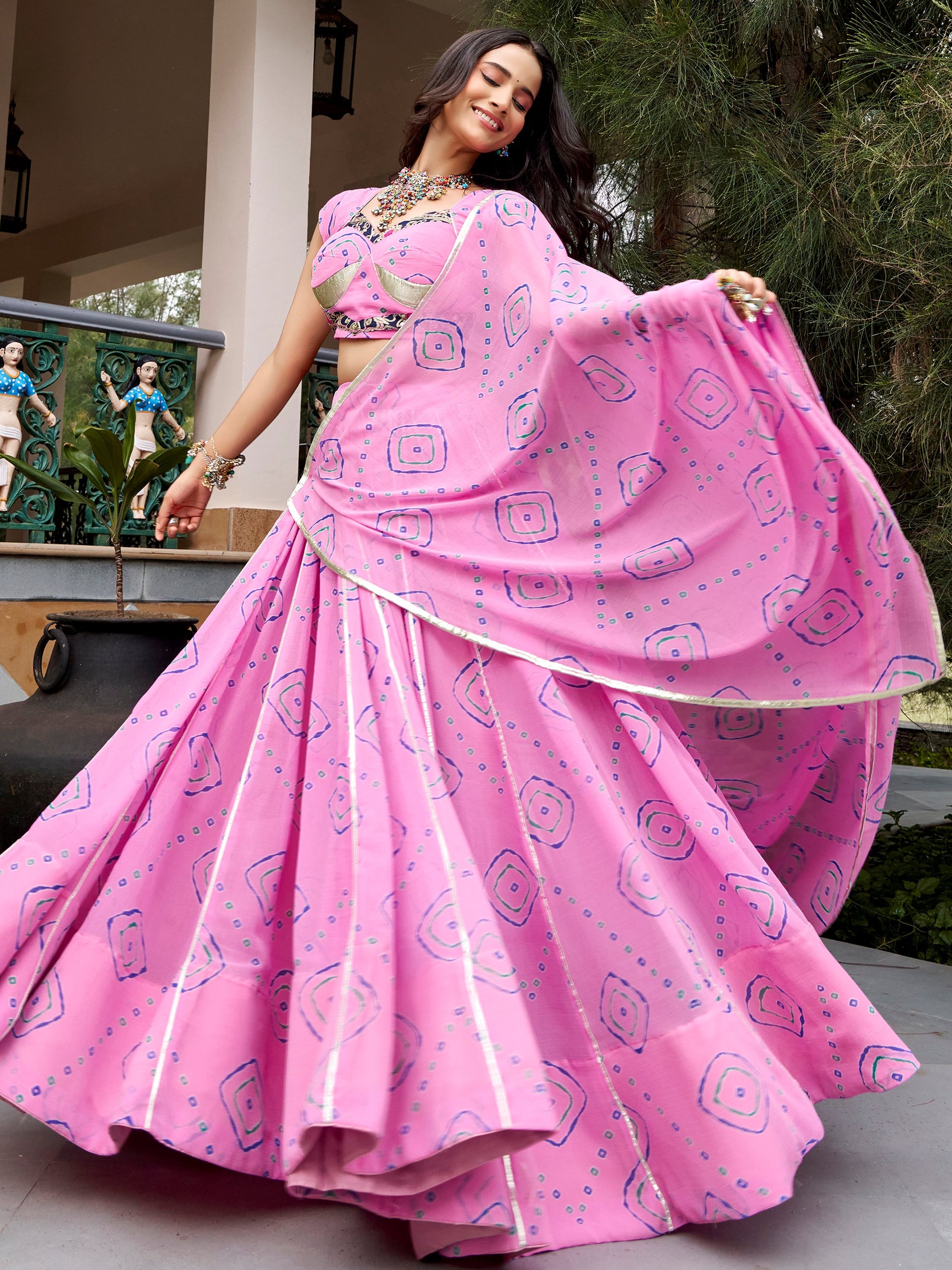 Pretty Light Pink Bandhej Print Georgette Navratri Wear Lehenga Choli