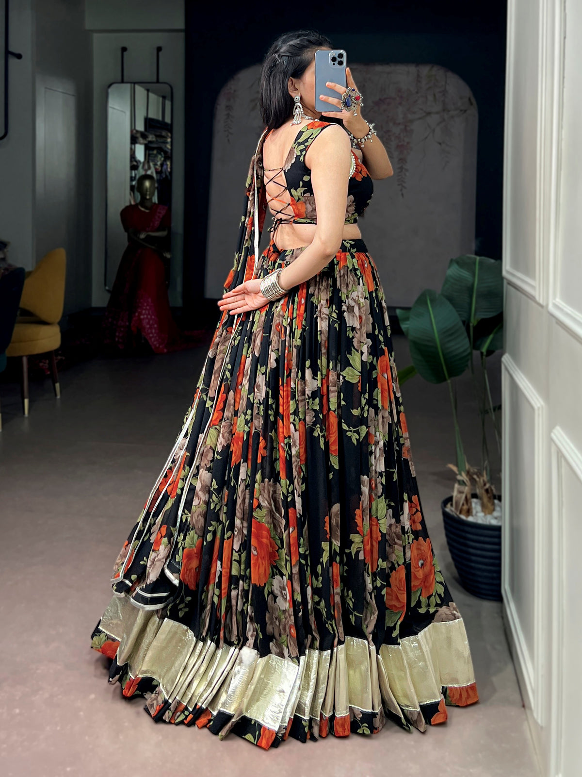 Radiant Orange Floral Printed Georgette Festival Wear Lehenga Choli