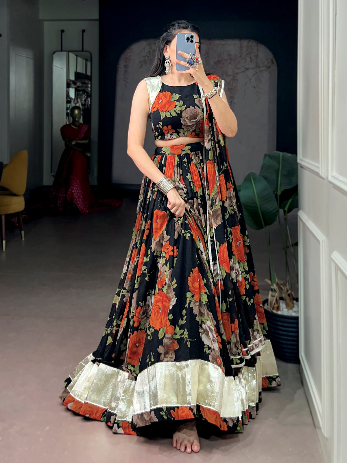 Radiant Orange Floral Printed Georgette Festival Wear Lehenga Choli