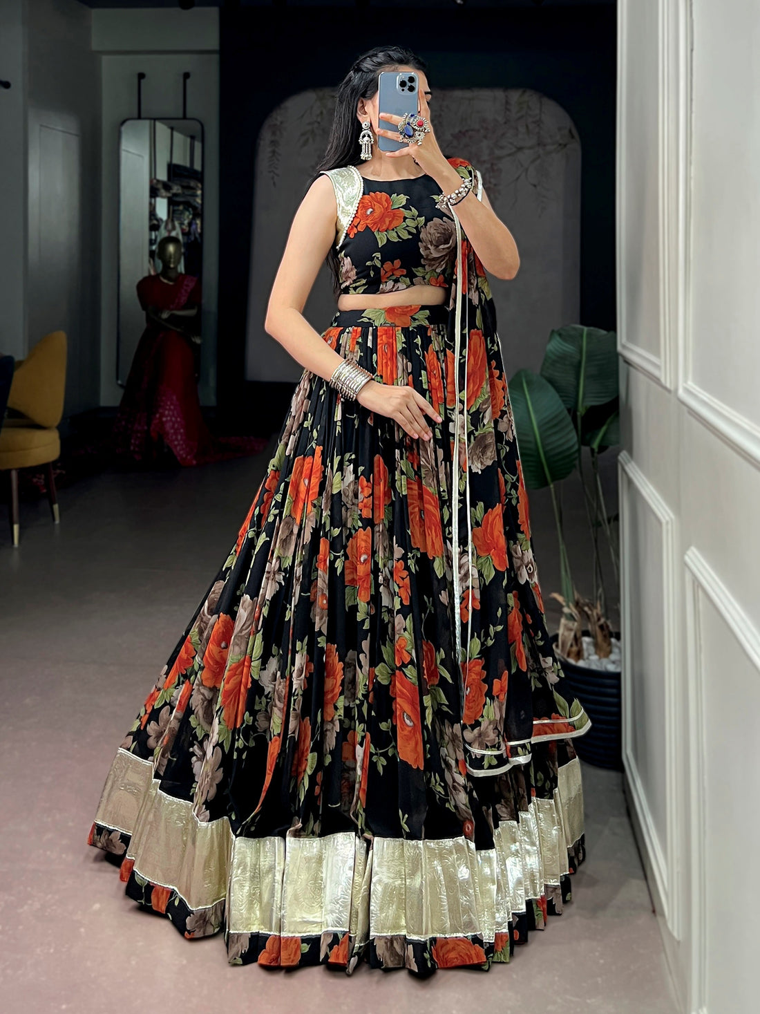 Radiant Orange Floral Printed Georgette Festival Wear Lehenga Choli