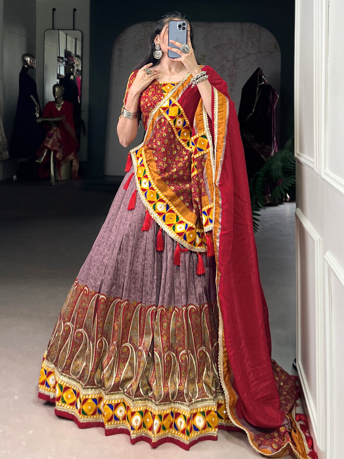 Awesome Mauve Kashmiri Print Tussar Silk Lehenga Choli With Dupatta