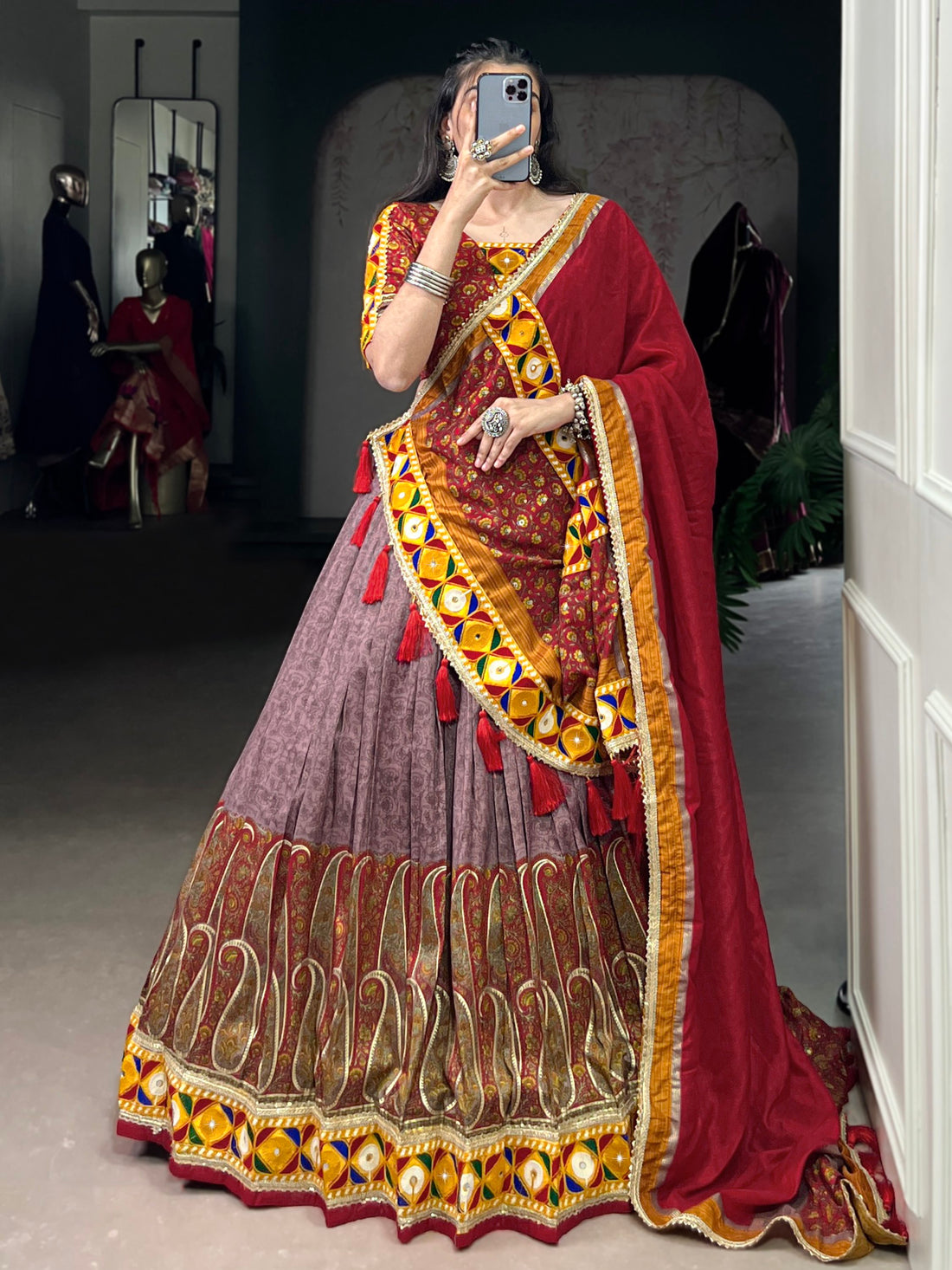 Awesome Mauve Kashmiri Print Tussar Silk Lehenga Choli With Dupatta