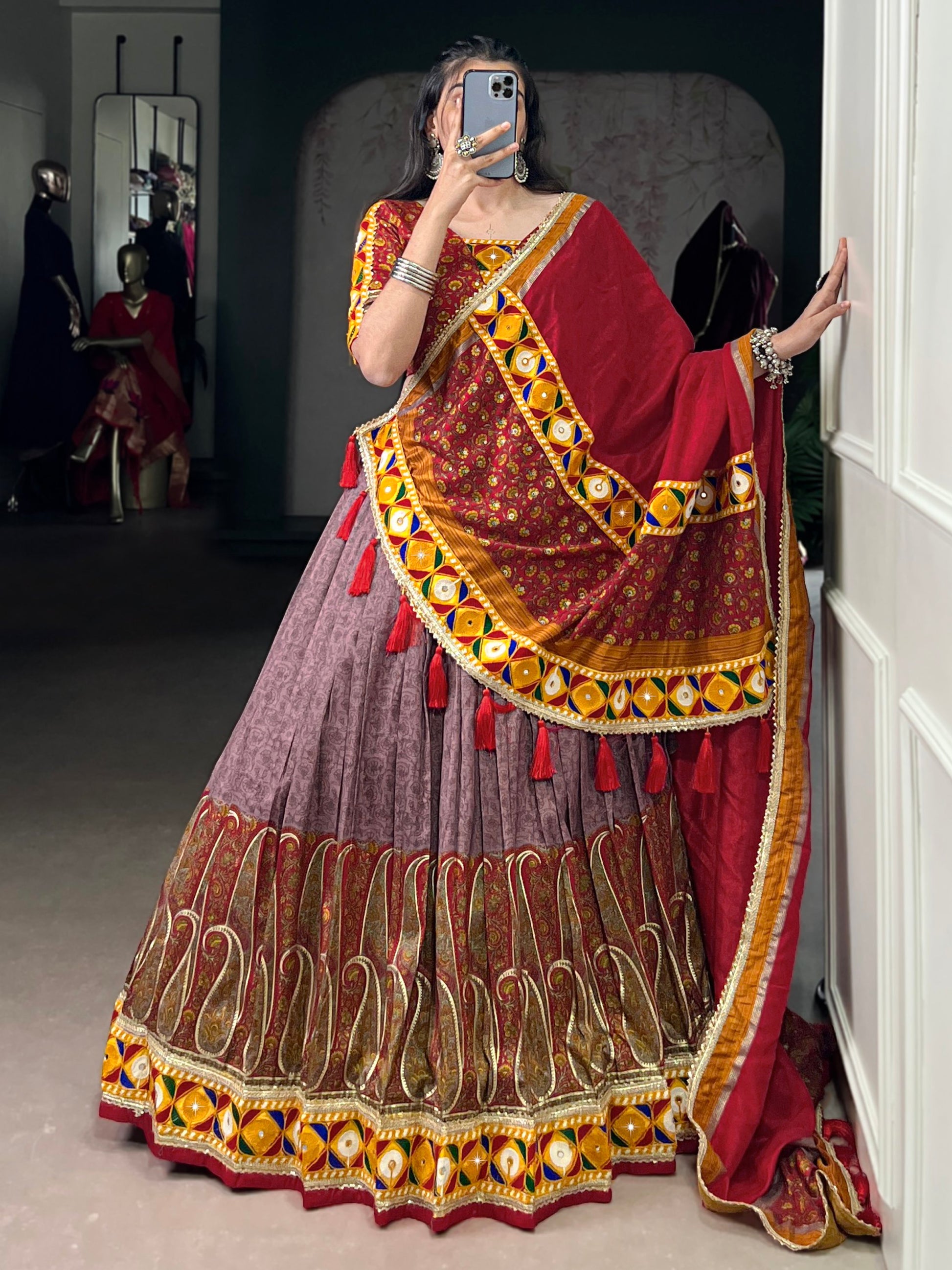 Awesome Mauve Kashmiri Print Tussar Silk Lehenga Choli With Dupatta