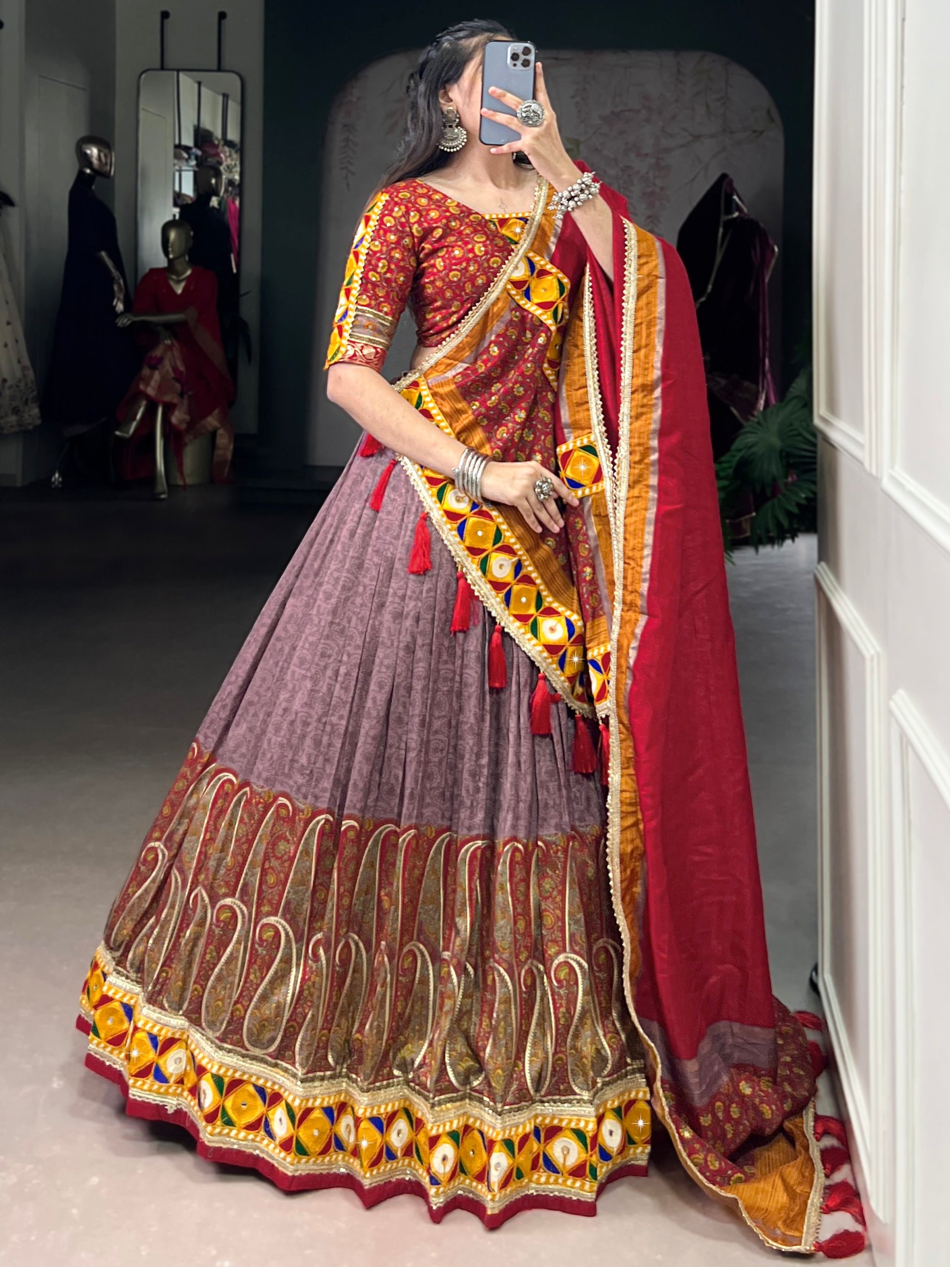 Awesome Mauve Kashmiri Print Tussar Silk Lehenga Choli With Dupatta