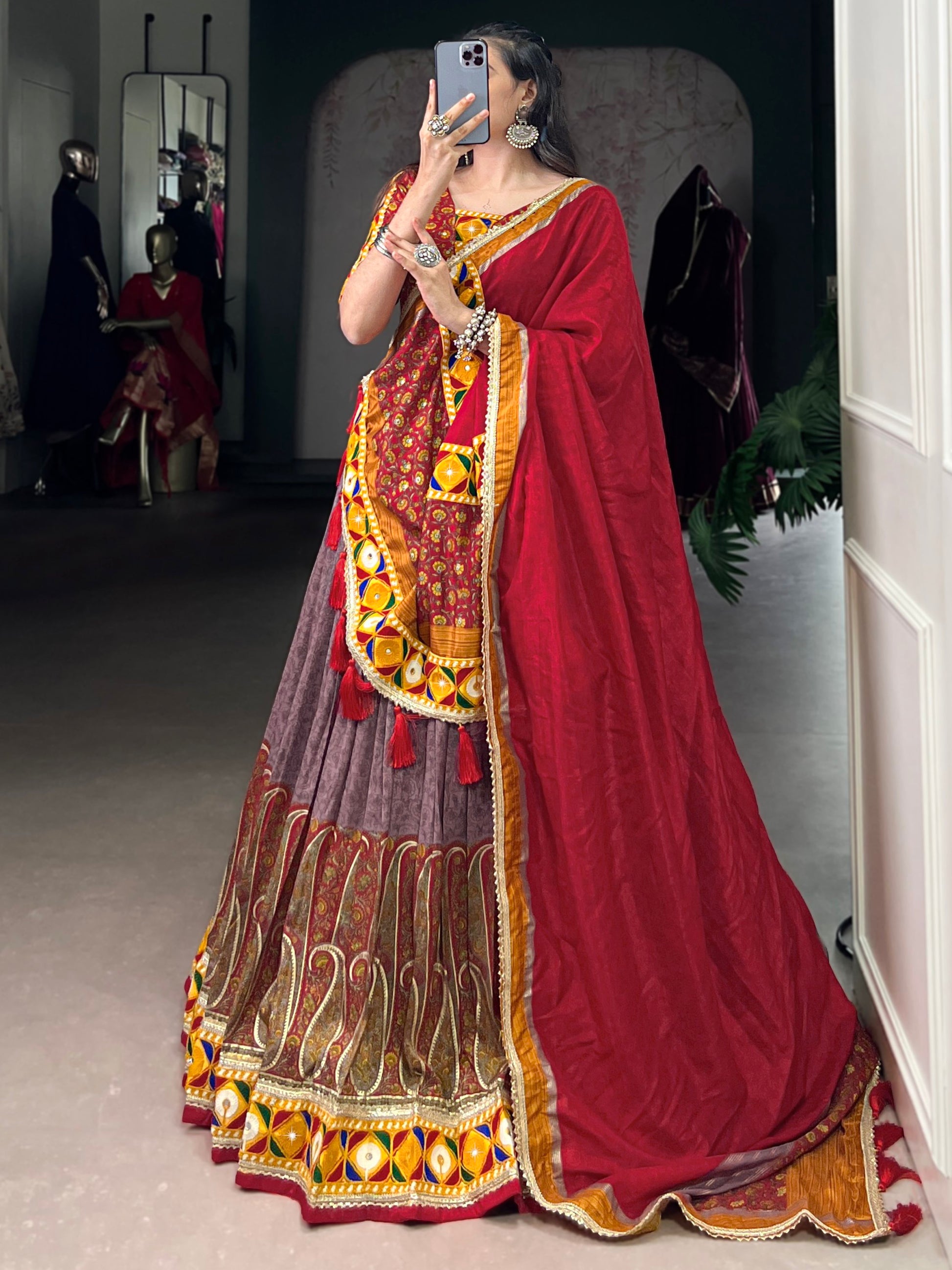 Awesome Mauve Kashmiri Print Tussar Silk Lehenga Choli With Dupatta