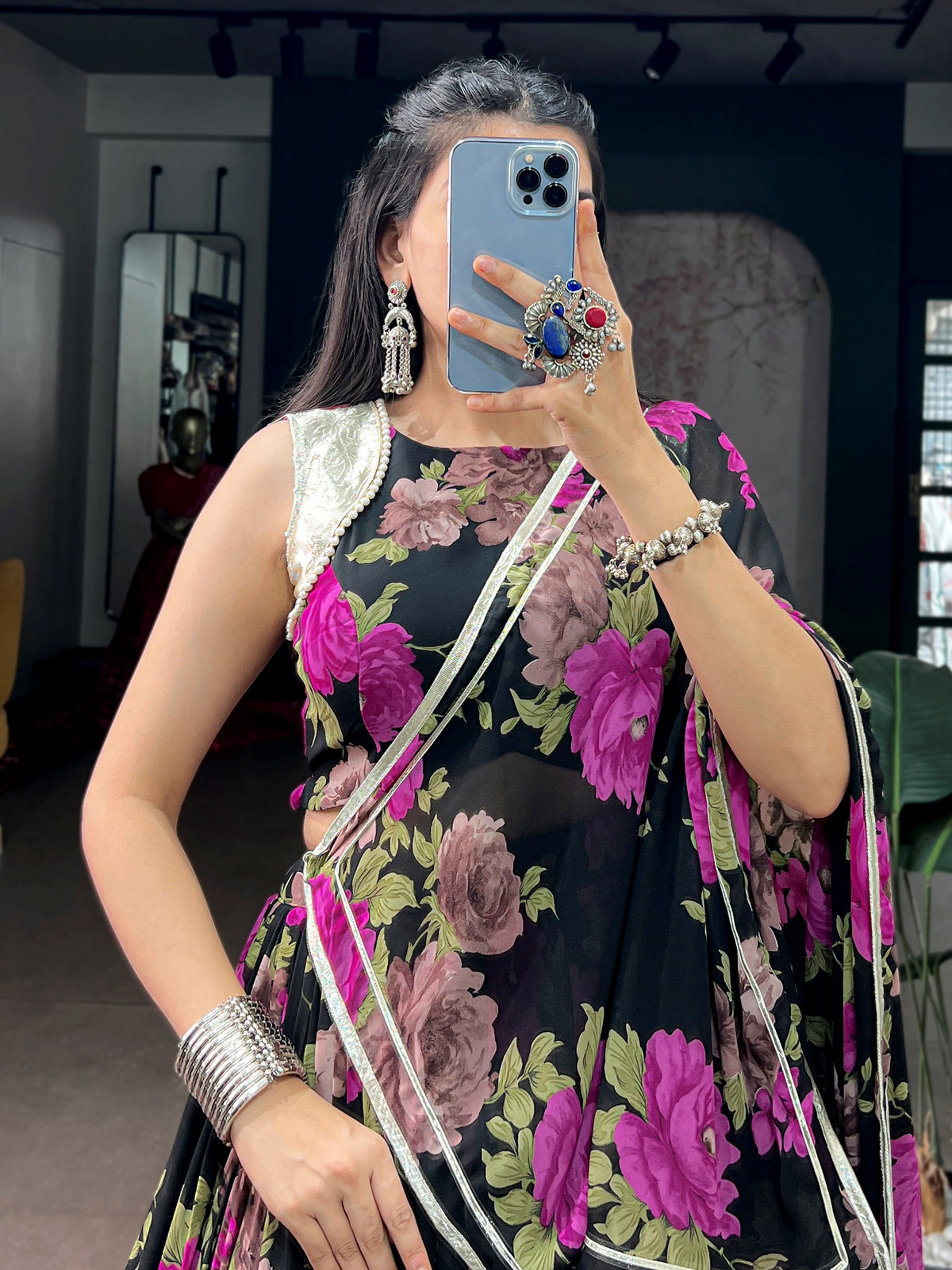 Enchanting Pink Floral Printed Georgette Festive Wear Lehenga Choli
