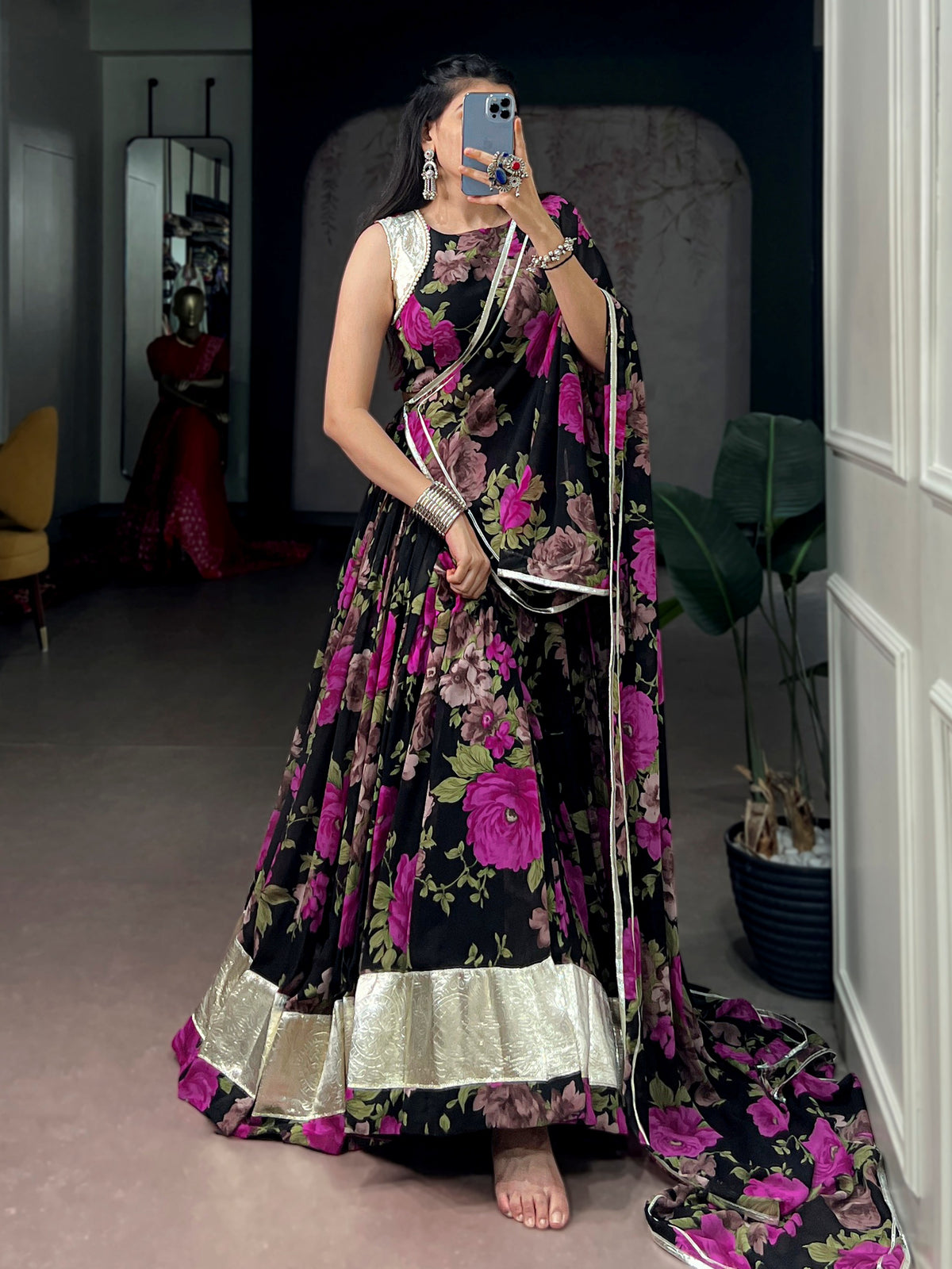Enchanting Pink Floral Printed Georgette Festive Wear Lehenga Choli