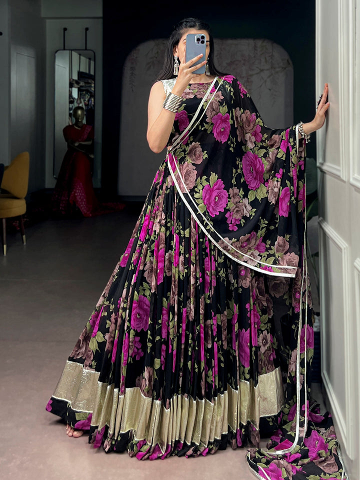 Enchanting Pink Floral Printed Georgette Festive Wear Lehenga Choli