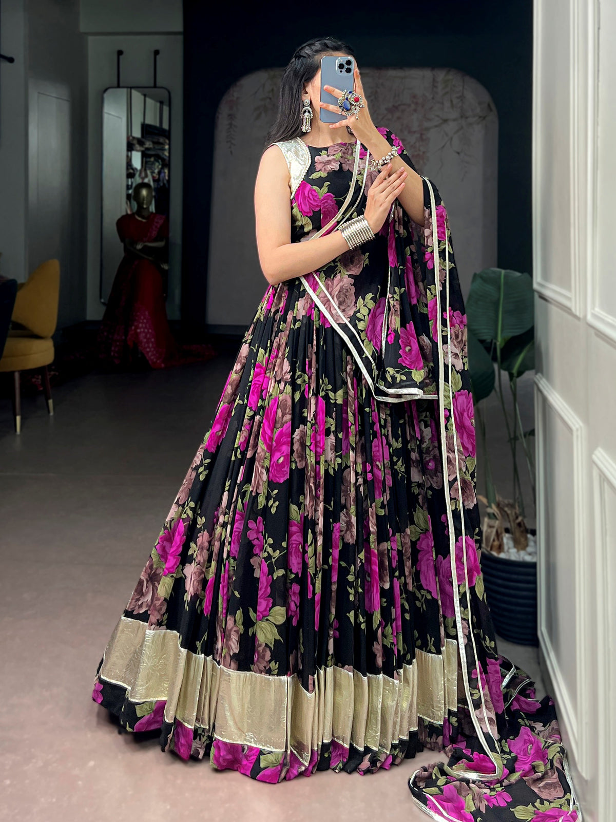 Enchanting Pink Floral Printed Georgette Festive Wear Lehenga Choli