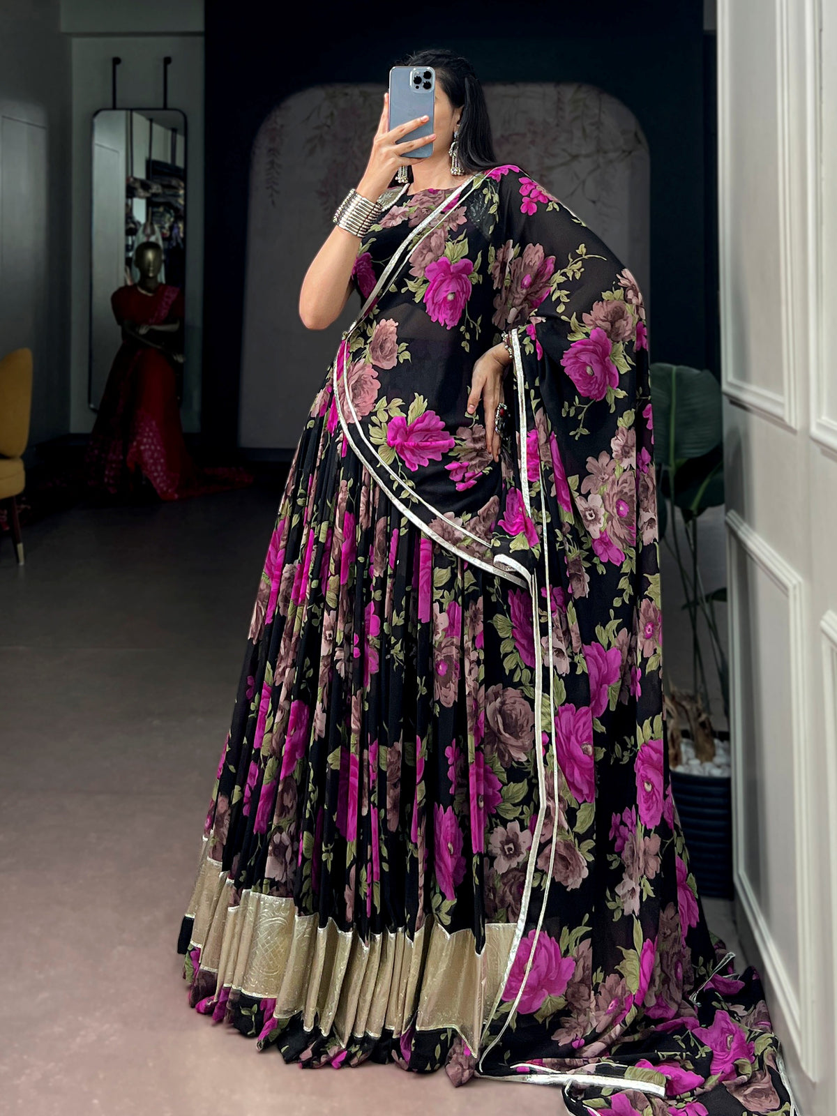 Enchanting Pink Floral Printed Georgette Festive Wear Lehenga Choli