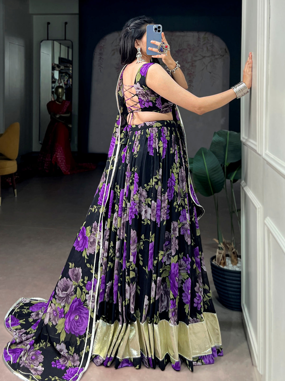 Graceful Purple Floral Printed Georgette Function Wear Lehenga Choli
