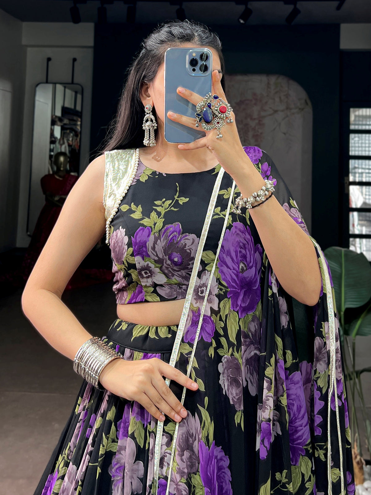 Graceful Purple Floral Printed Georgette Function Wear Lehenga Choli
