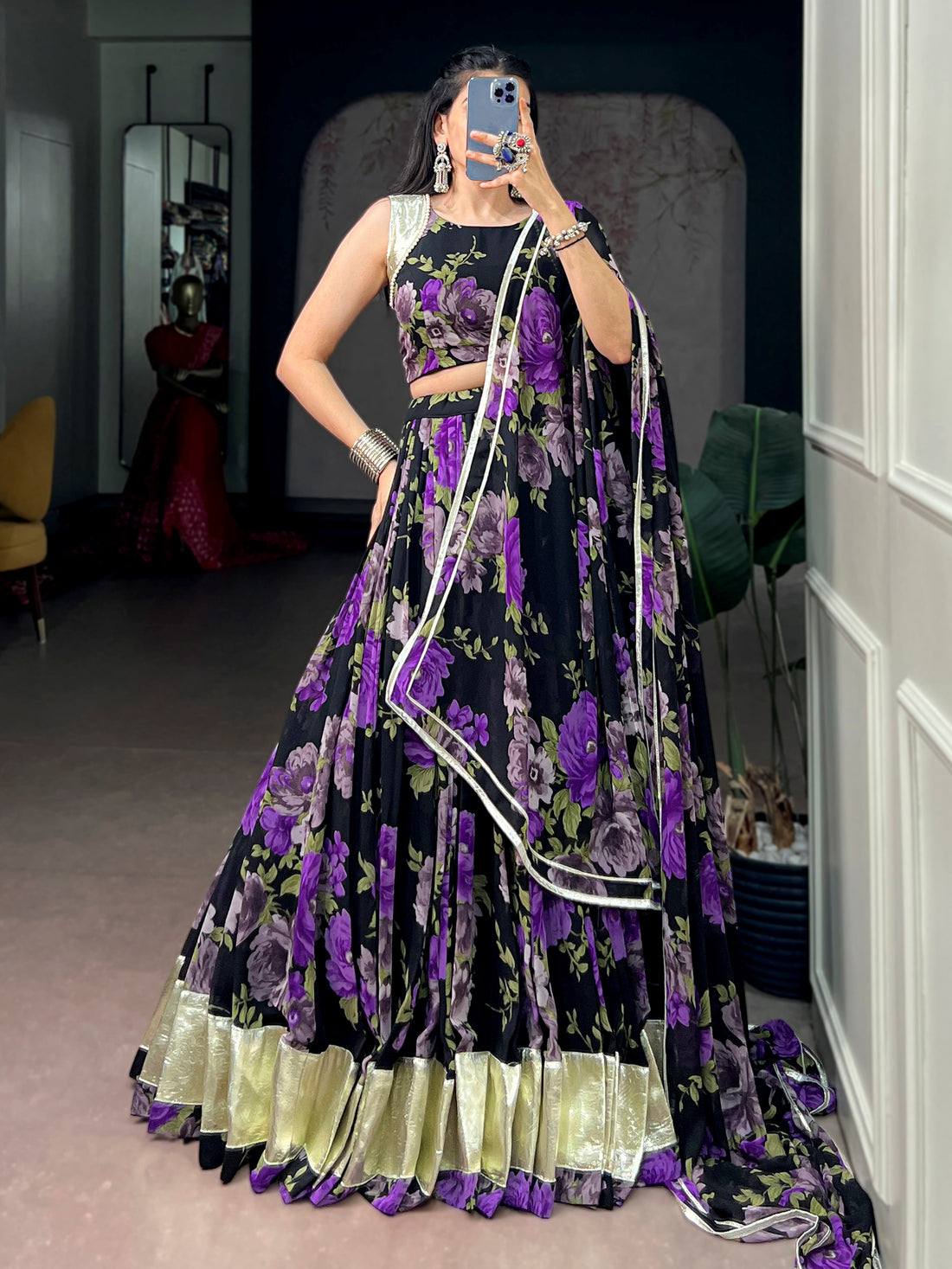 Graceful Purple Floral Printed Georgette Function Wear Lehenga Choli