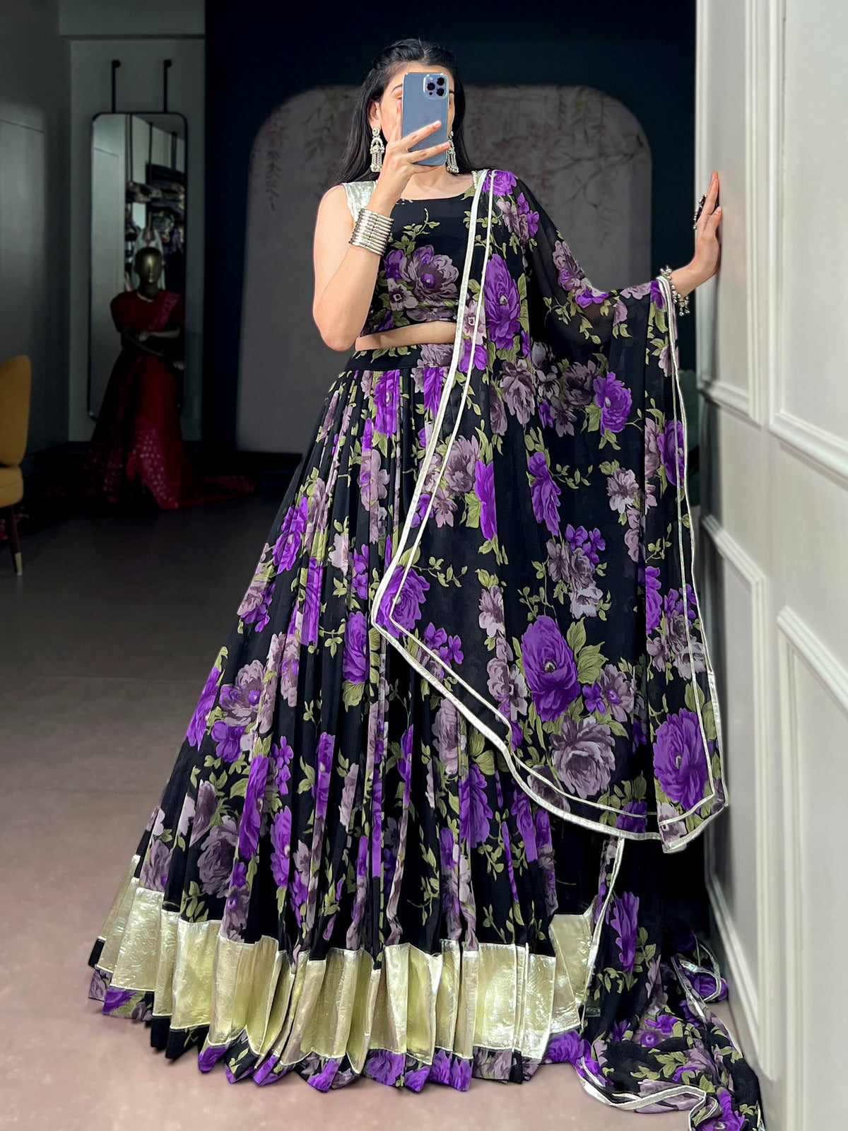 Graceful Purple Floral Printed Georgette Function Wear Lehenga Choli