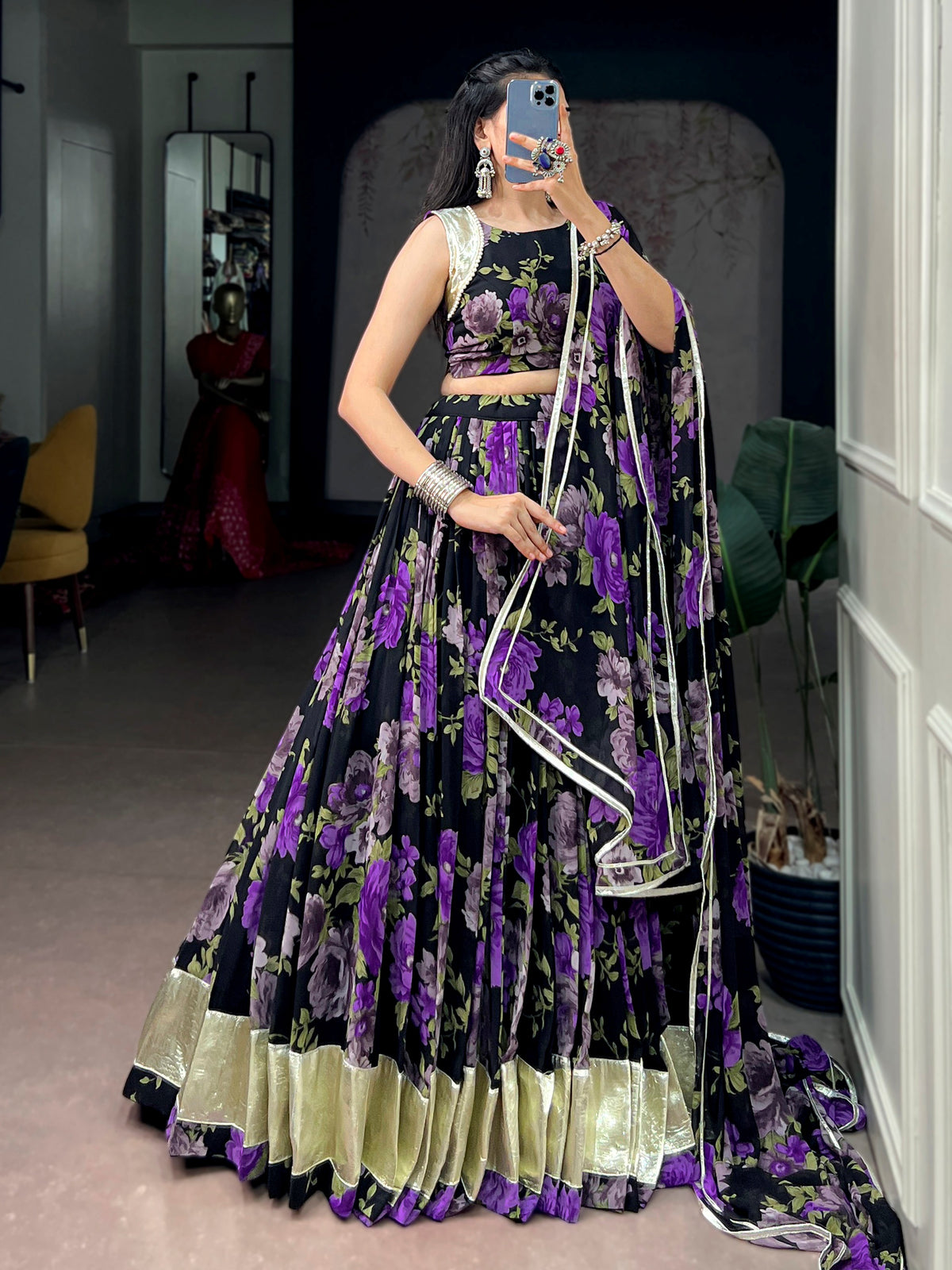 Graceful Purple Floral Printed Georgette Function Wear Lehenga Choli