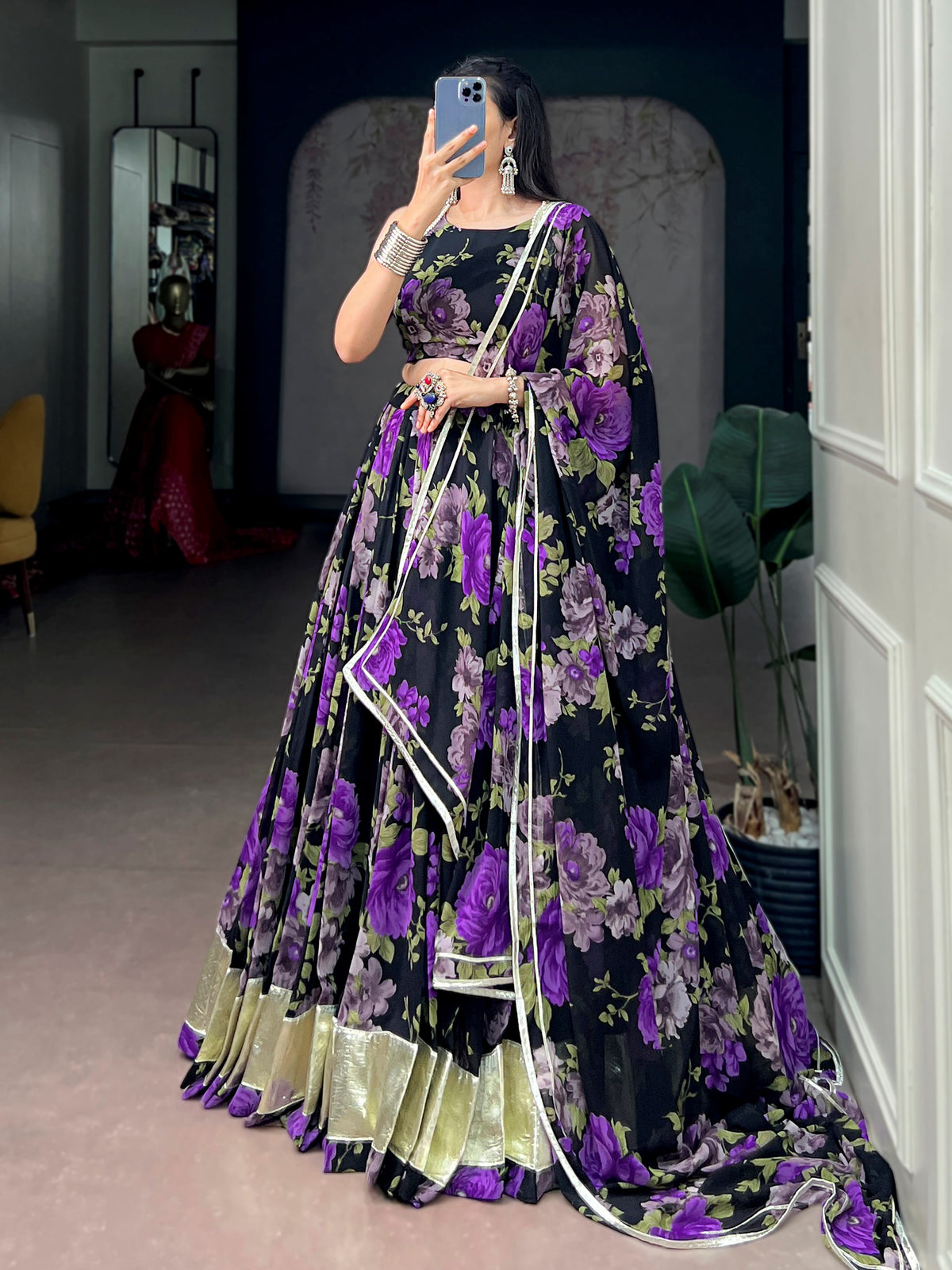 Graceful Purple Floral Printed Georgette Function Wear Lehenga Choli