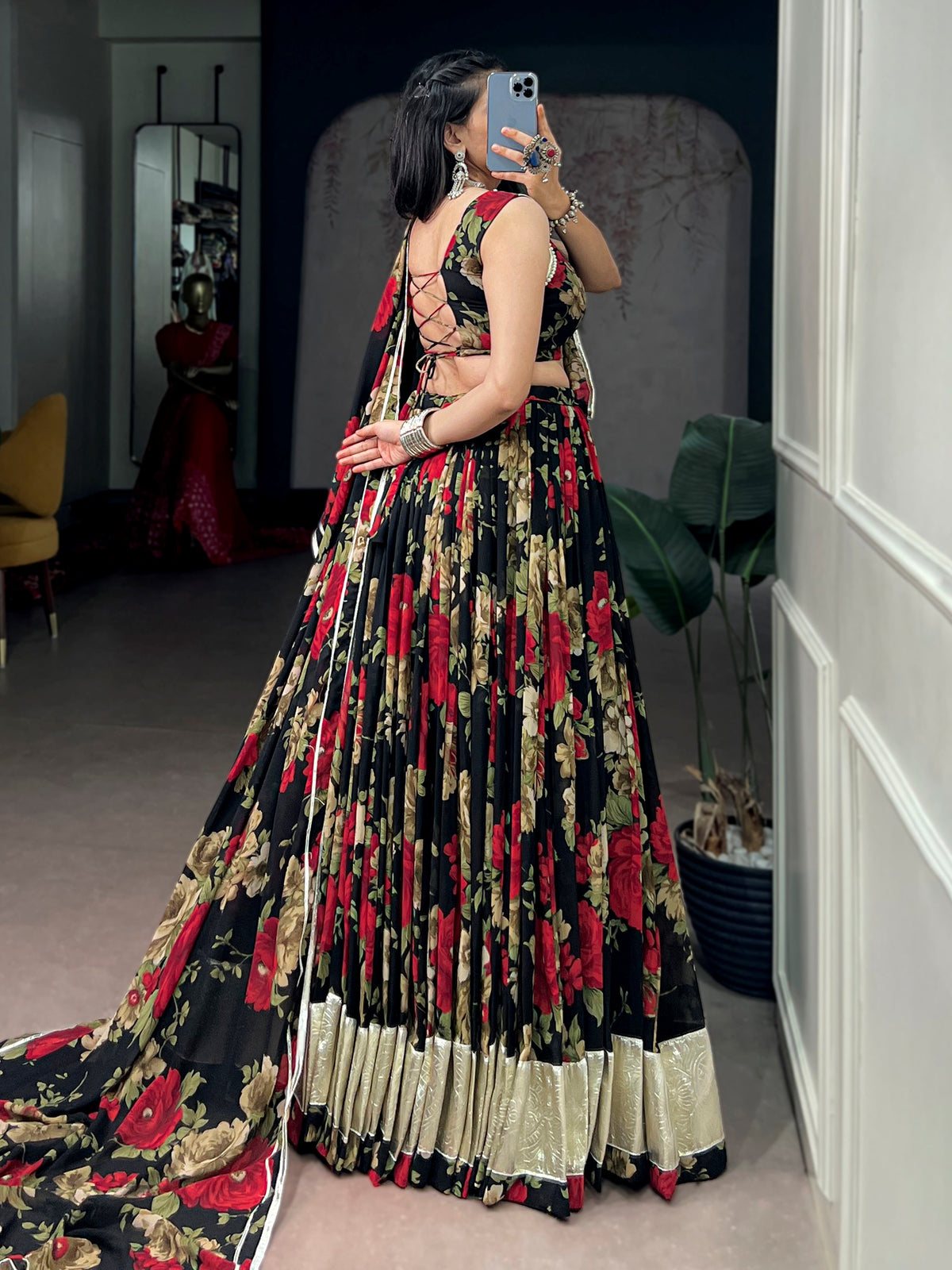 Charming Red Floral Printed Georgette Festive Wear Lehenga Choli