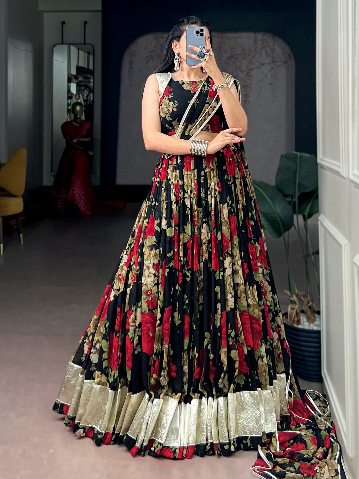 Charming Red Floral Printed Georgette Festive Wear Lehenga Choli