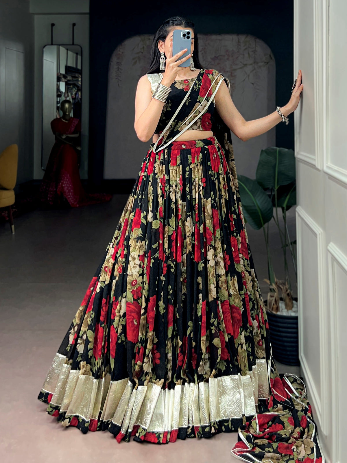 Charming Red Floral Printed Georgette Festive Wear Lehenga Choli