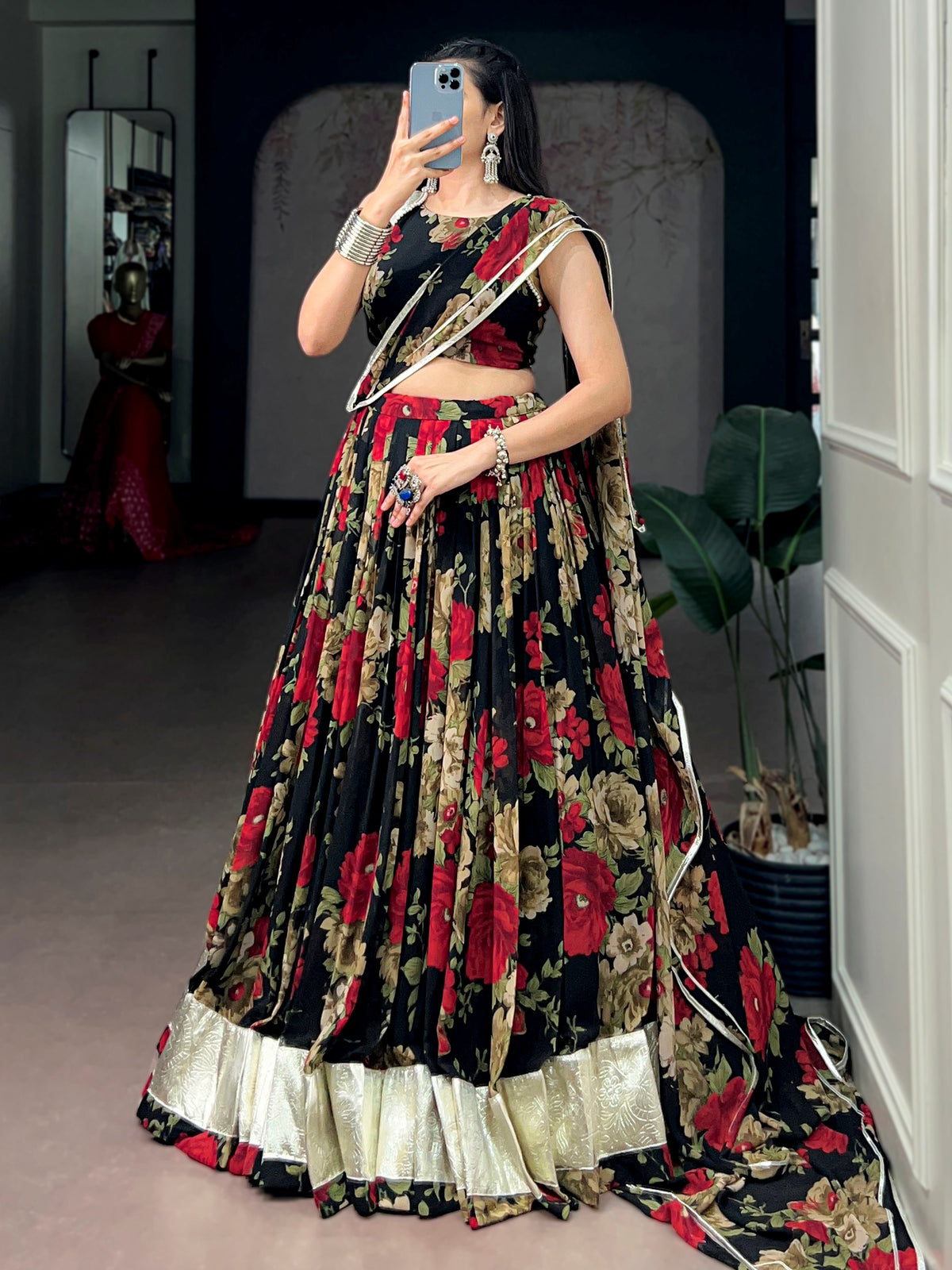 Charming Red Floral Printed Georgette Festive Wear Lehenga Choli