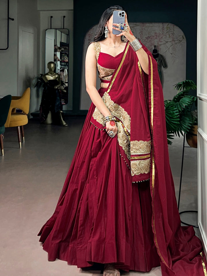 Regal Maroon Embroidered Cotton Navratri Wear Lehenga Choli