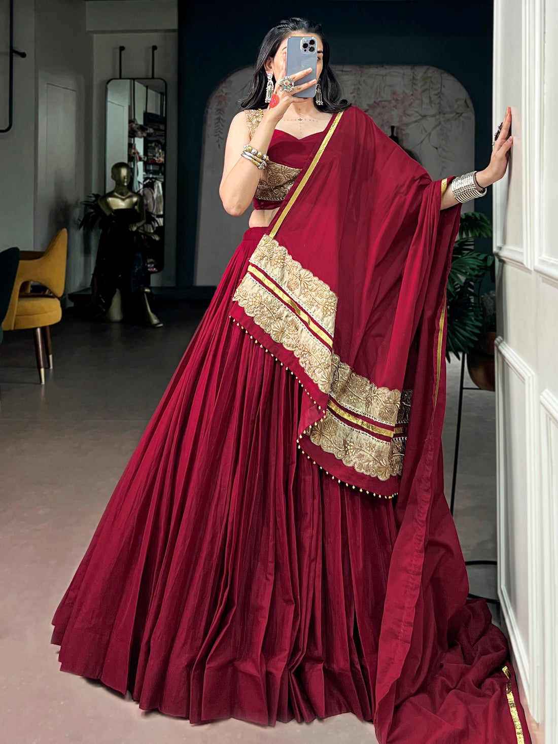 Regal Maroon Embroidered Cotton Navratri Wear Lehenga Choli