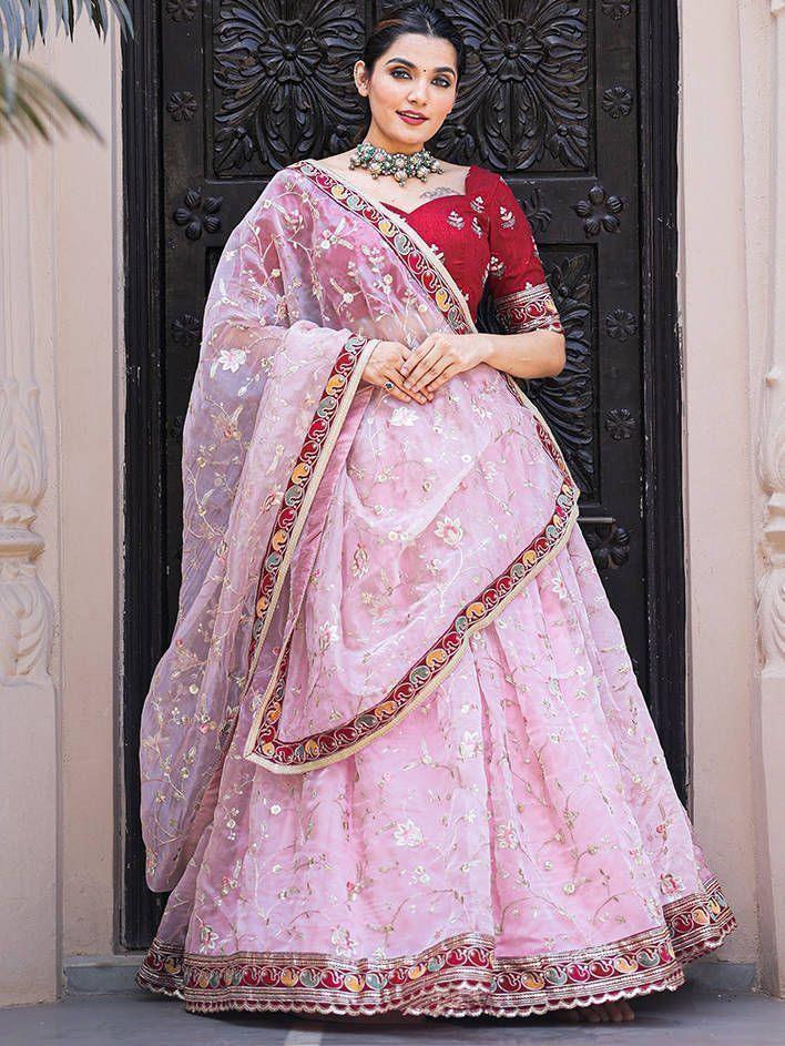 Fabulous Light Pink Thread Embroidery Organza Lehenga With Red Choli