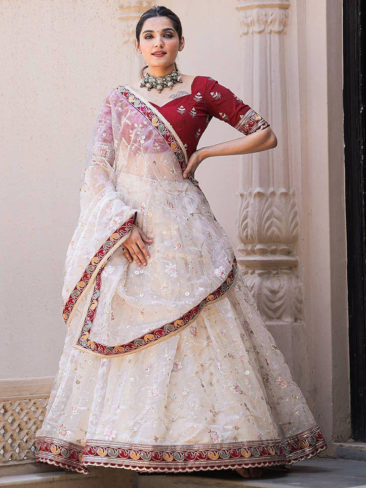 Gorgeous Off White Thread Embroidered Organza Lehenga Choli