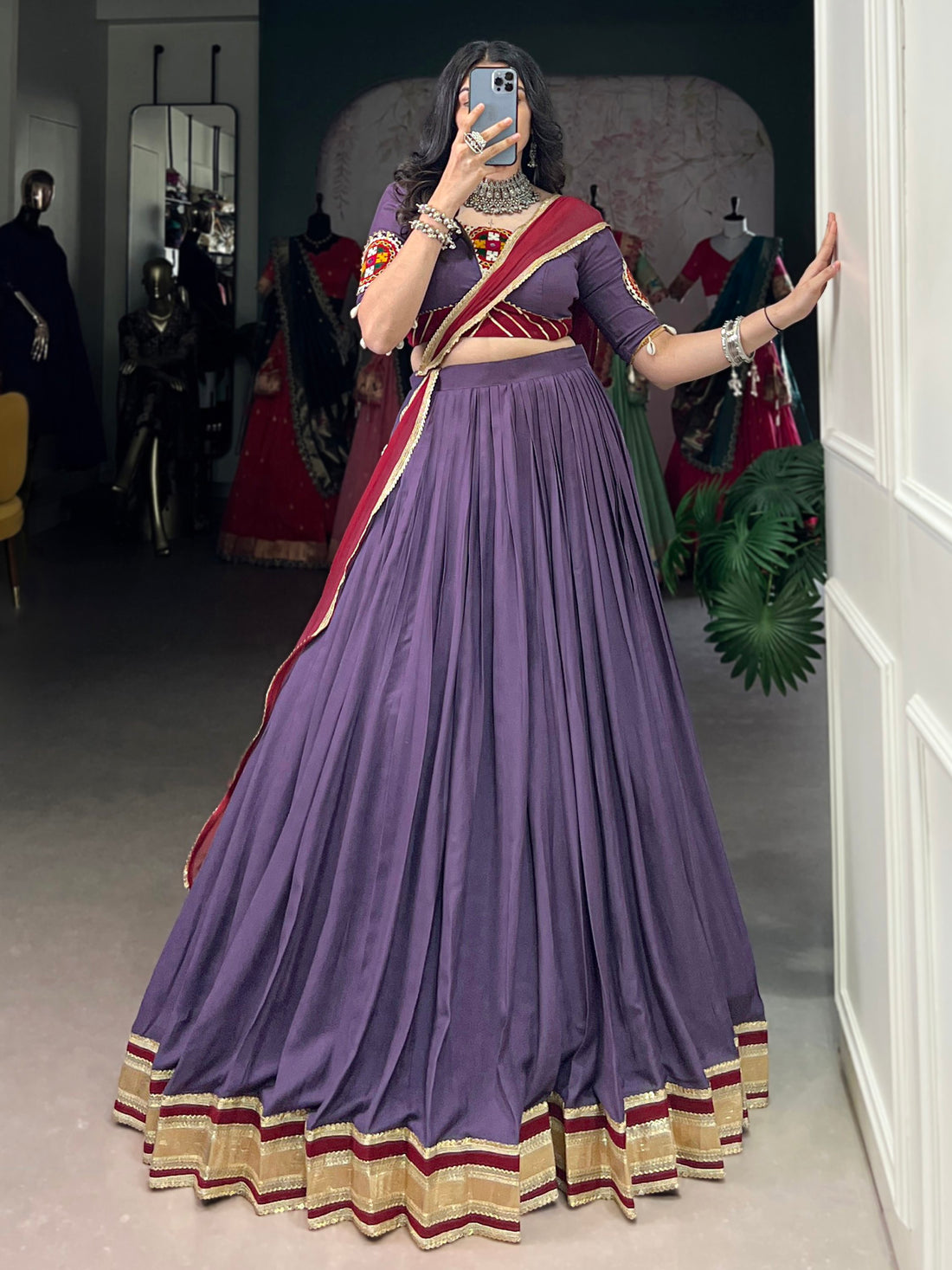 Delightful Mauve Rayon Festive Wear Lehenga With Gamthi Work Blouse