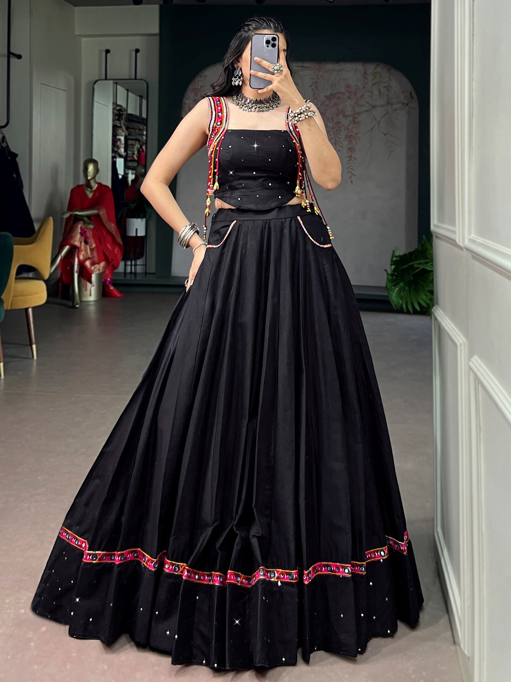 Attractive Black Mirror Work Cotton Navratri Wear Lehenga Choli