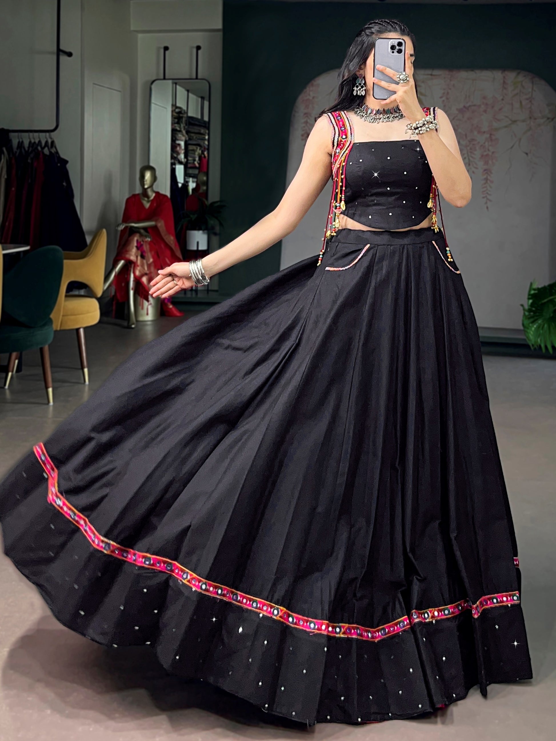 Attractive Black Mirror Work Cotton Navratri Wear Lehenga Choli