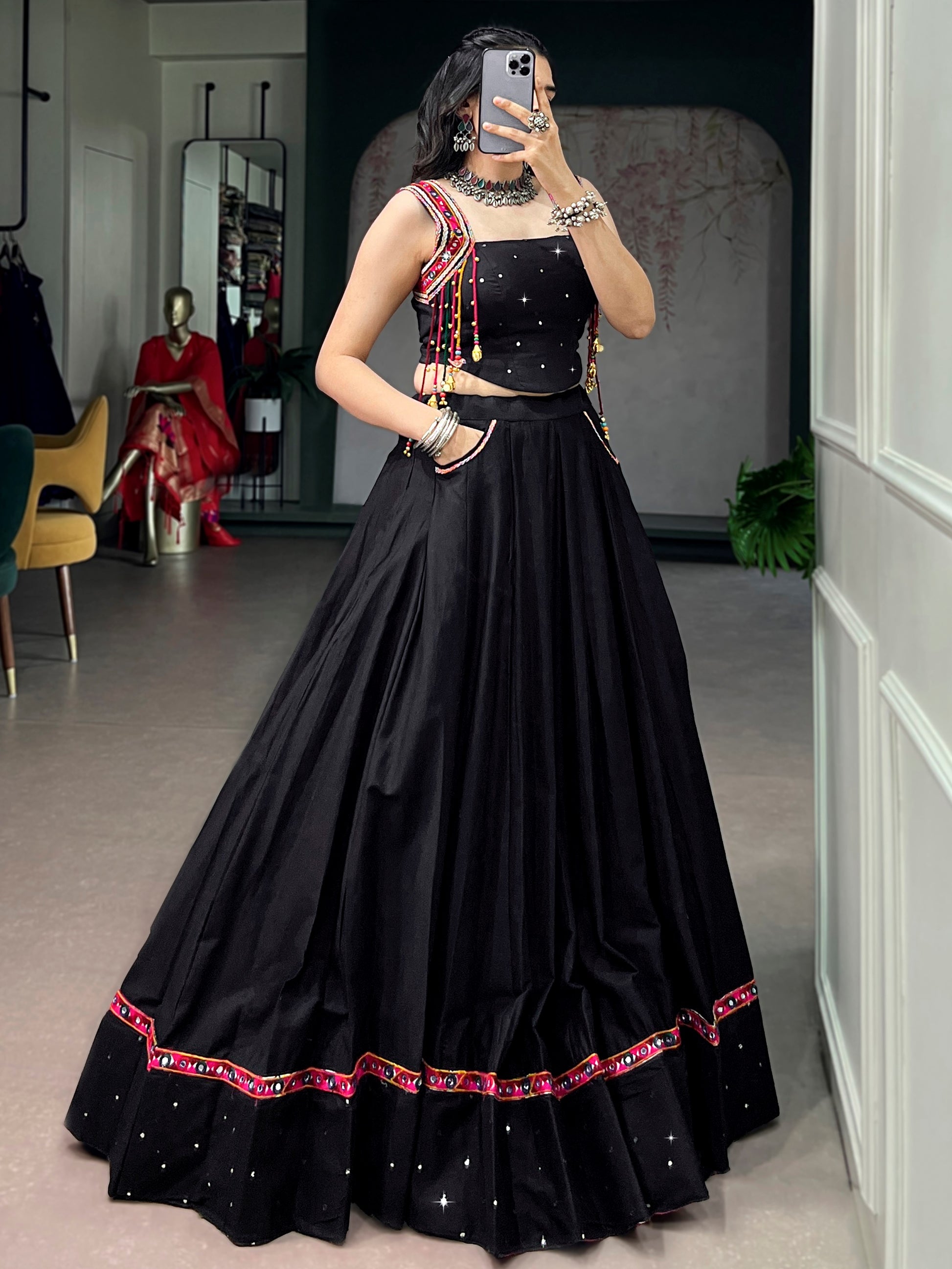 Attractive Black Mirror Work Cotton Navratri Wear Lehenga Choli