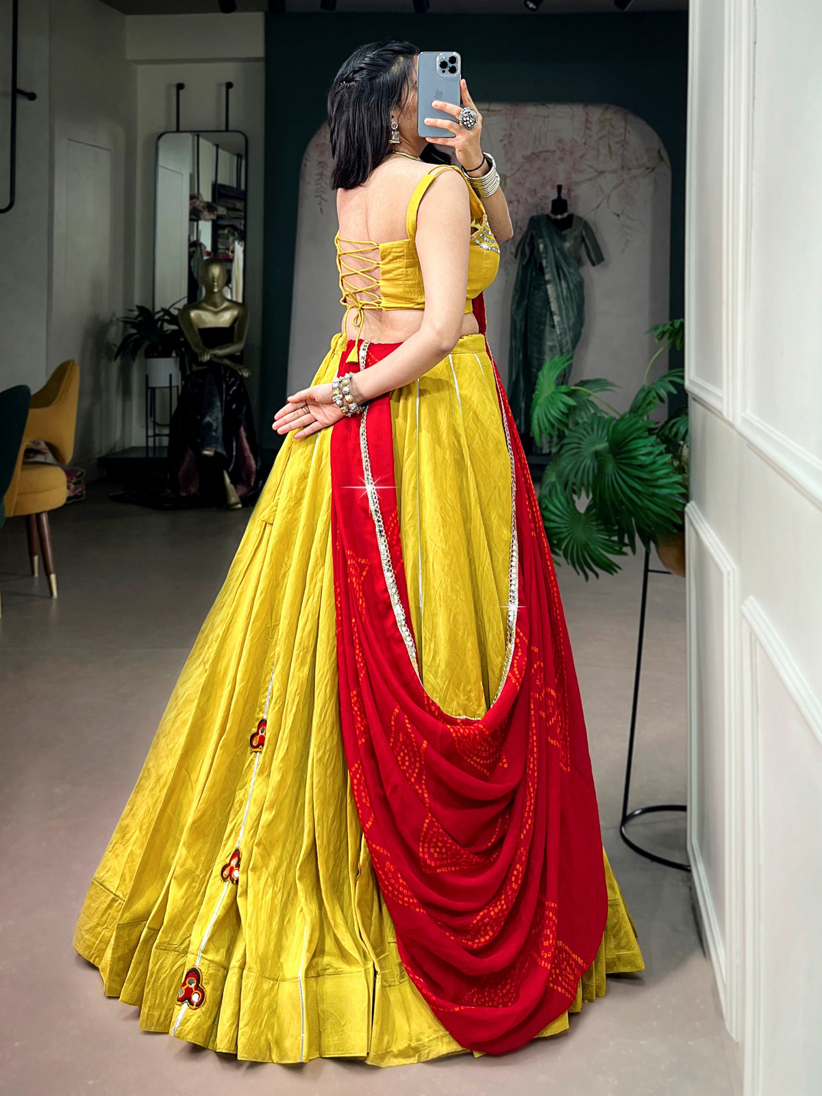 Majestic Yellow Gamthi Work Chanderi Navratri Wear Lehenga Choli