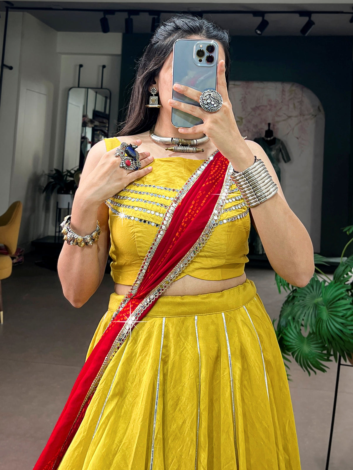 Majestic Yellow Gamthi Work Chanderi Navratri Wear Lehenga Choli