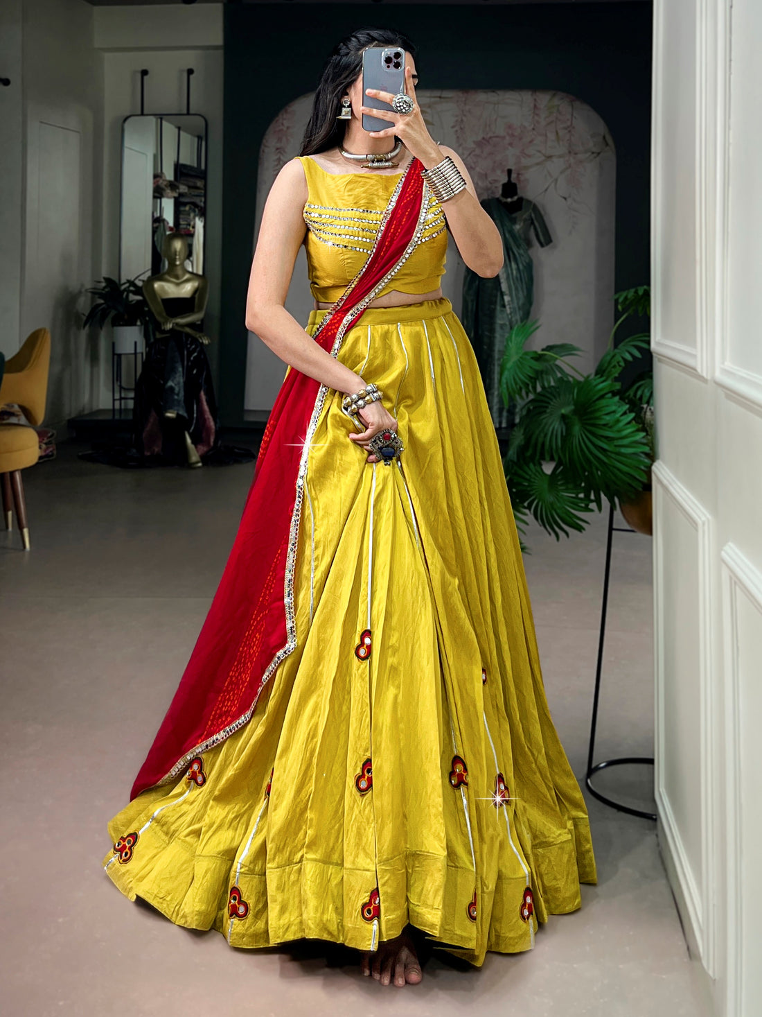Majestic Yellow Gamthi Work Chanderi Navratri Wear Lehenga Choli