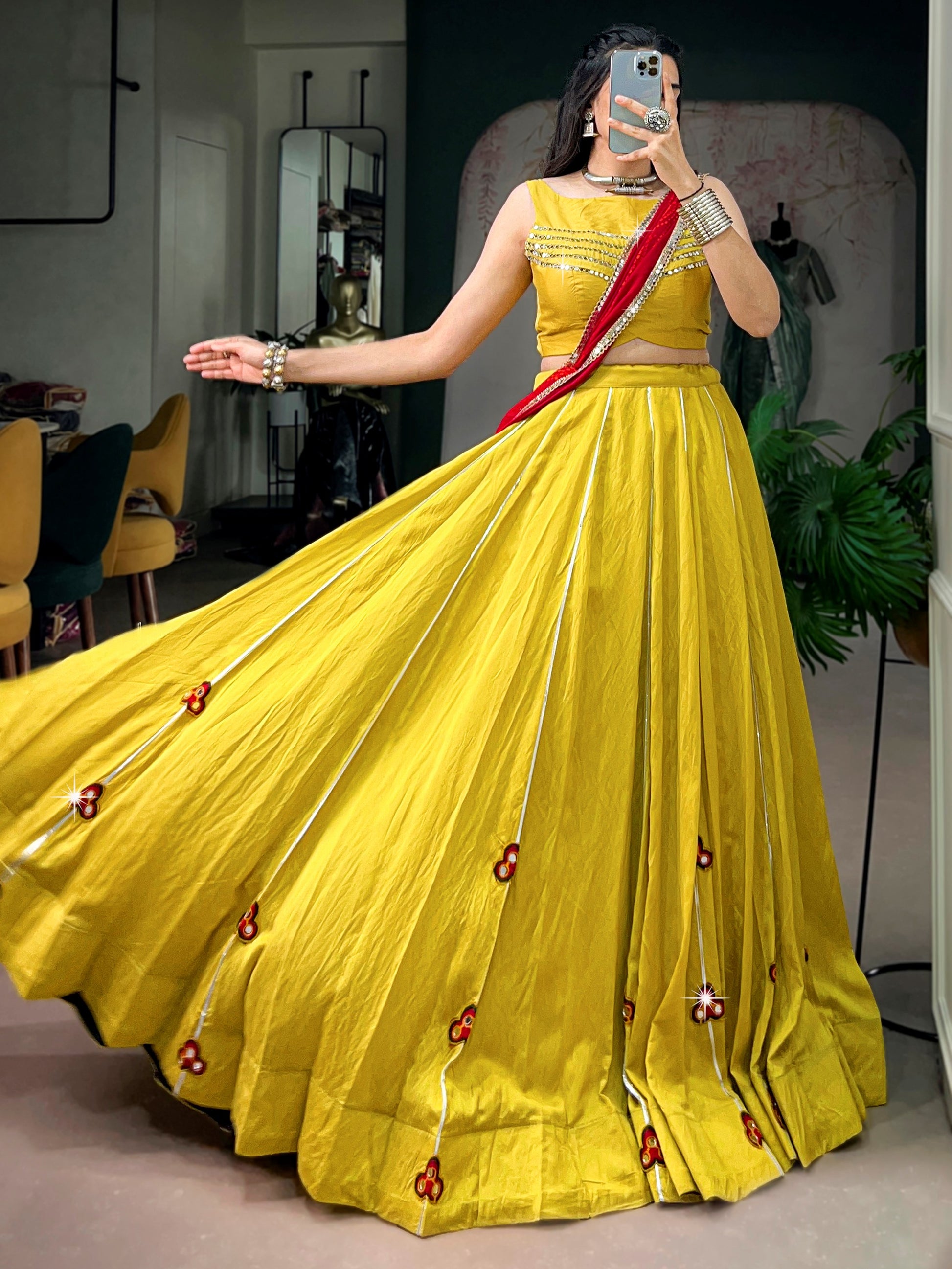 Majestic Yellow Gamthi Work Chanderi Navratri Wear Lehenga Choli
