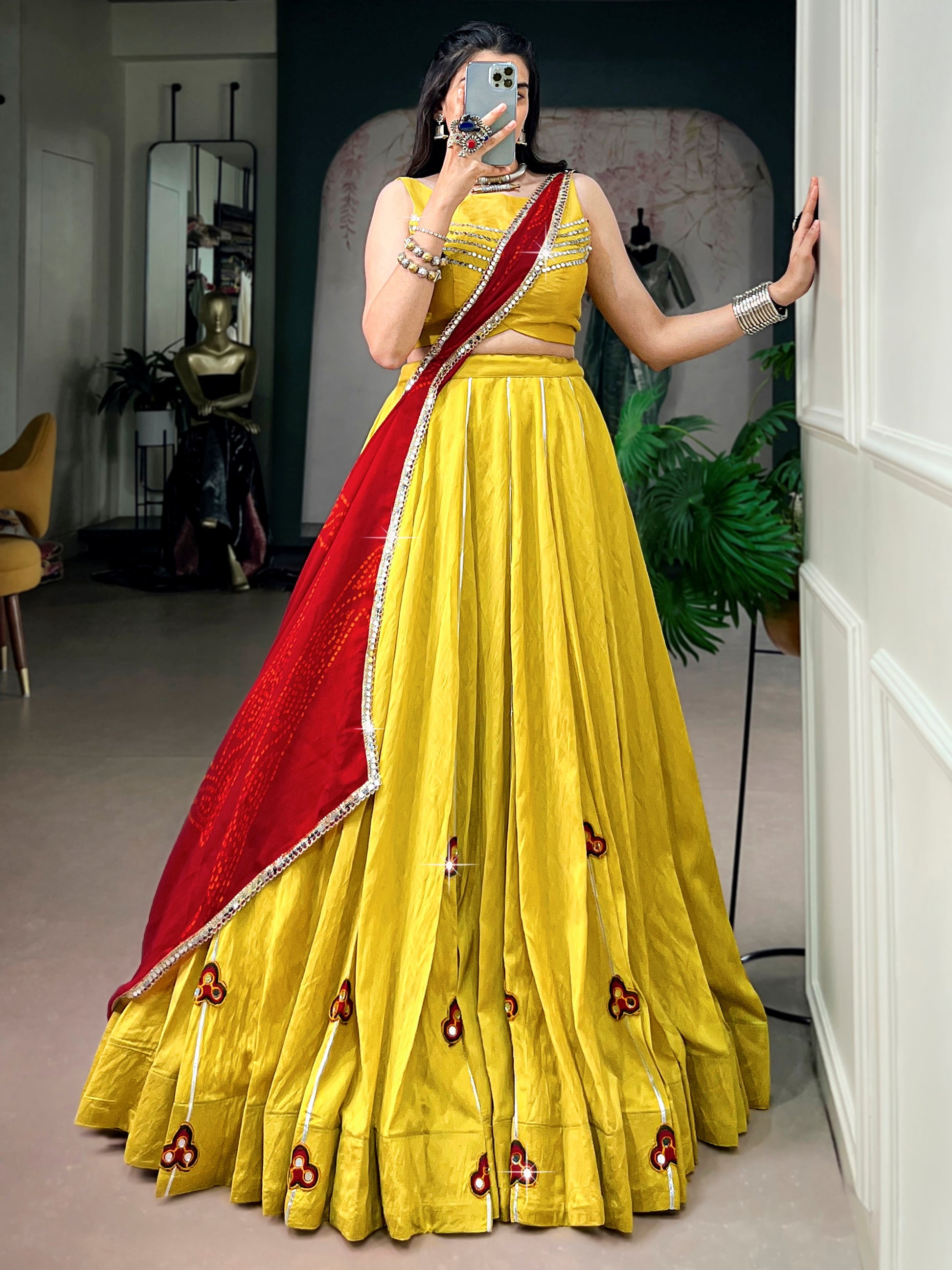 Majestic Yellow Gamthi Work Chanderi Navratri Wear Lehenga Choli