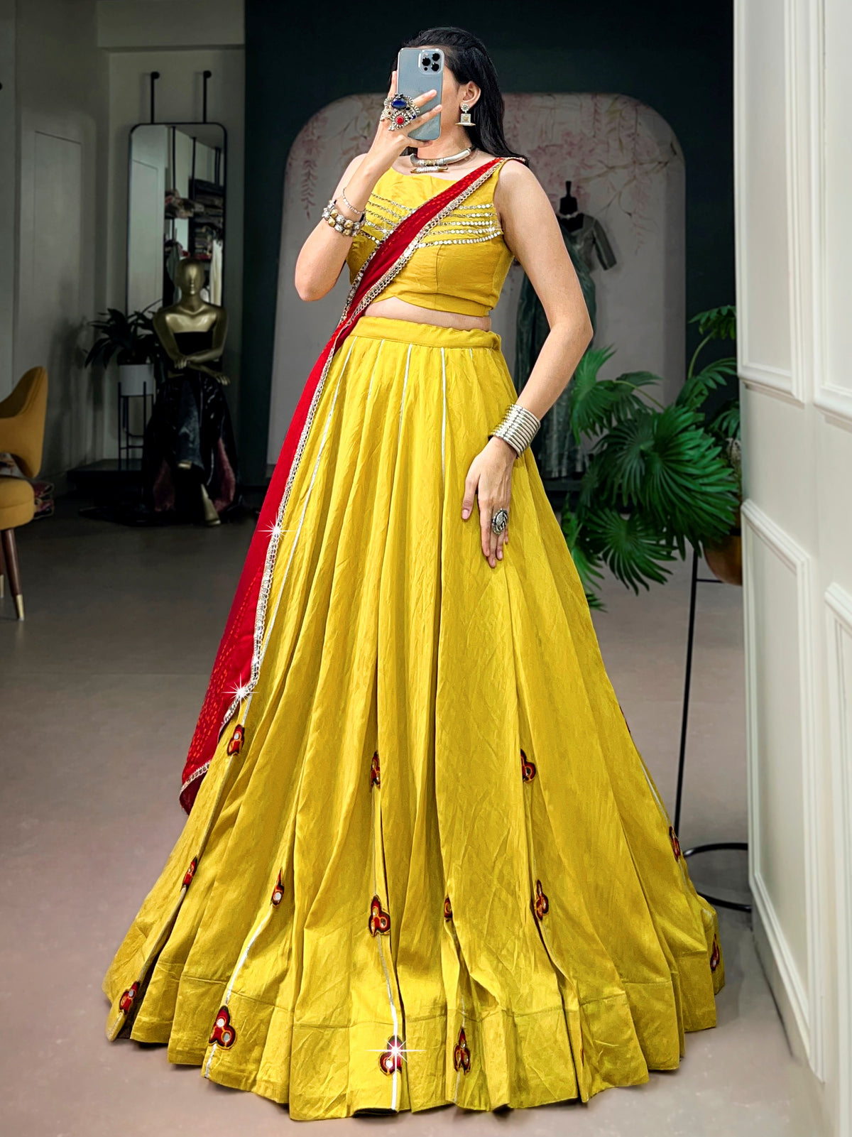 Majestic Yellow Gamthi Work Chanderi Navratri Wear Lehenga Choli