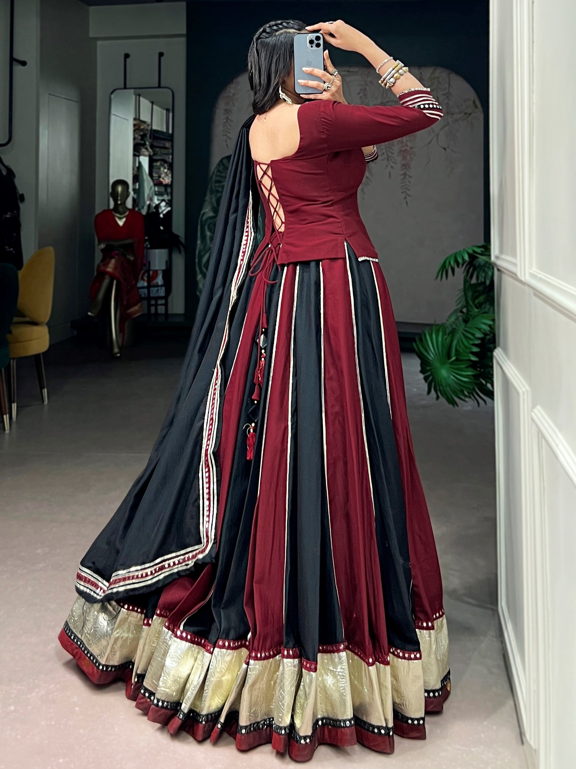 Elegant Maroon Mirror Work Chinon Navratri Wear Lehenga Choli With Dupatta 
