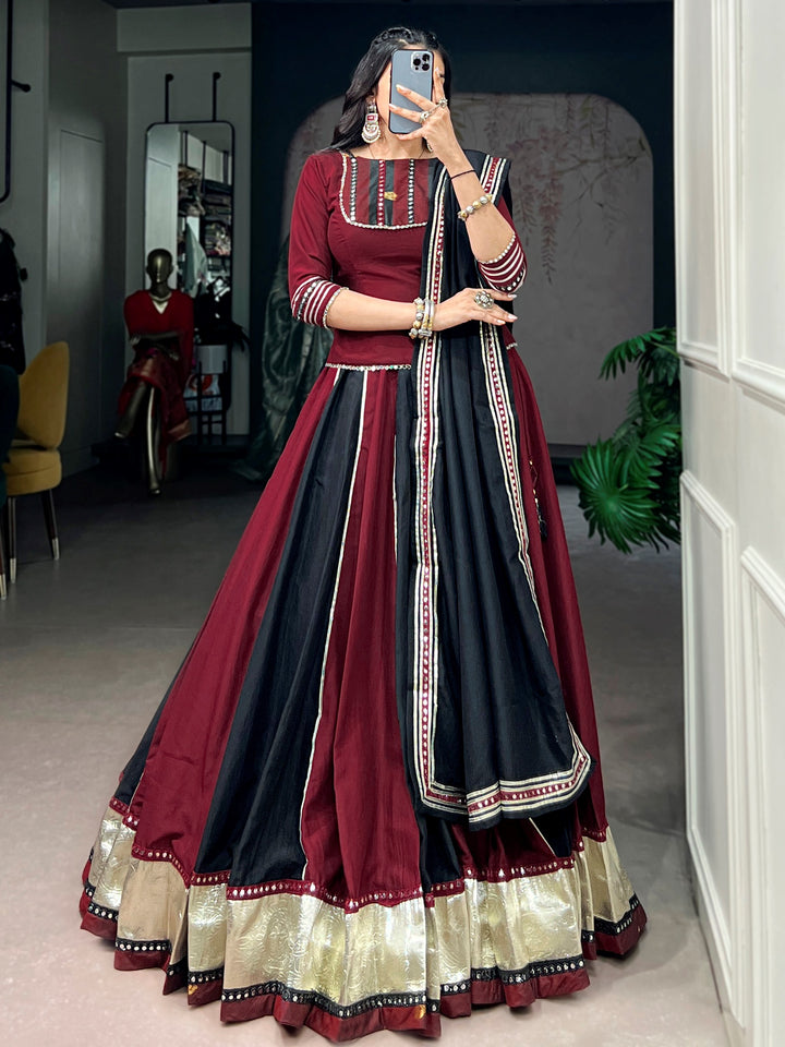 Elegant Maroon Mirror Work Chinon Navratri Wear Lehenga Choli With Dupatta 