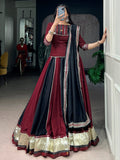 Elegant Maroon Mirror Work Chinon Navratri Wear Lehenga Choli With Dupatta 
