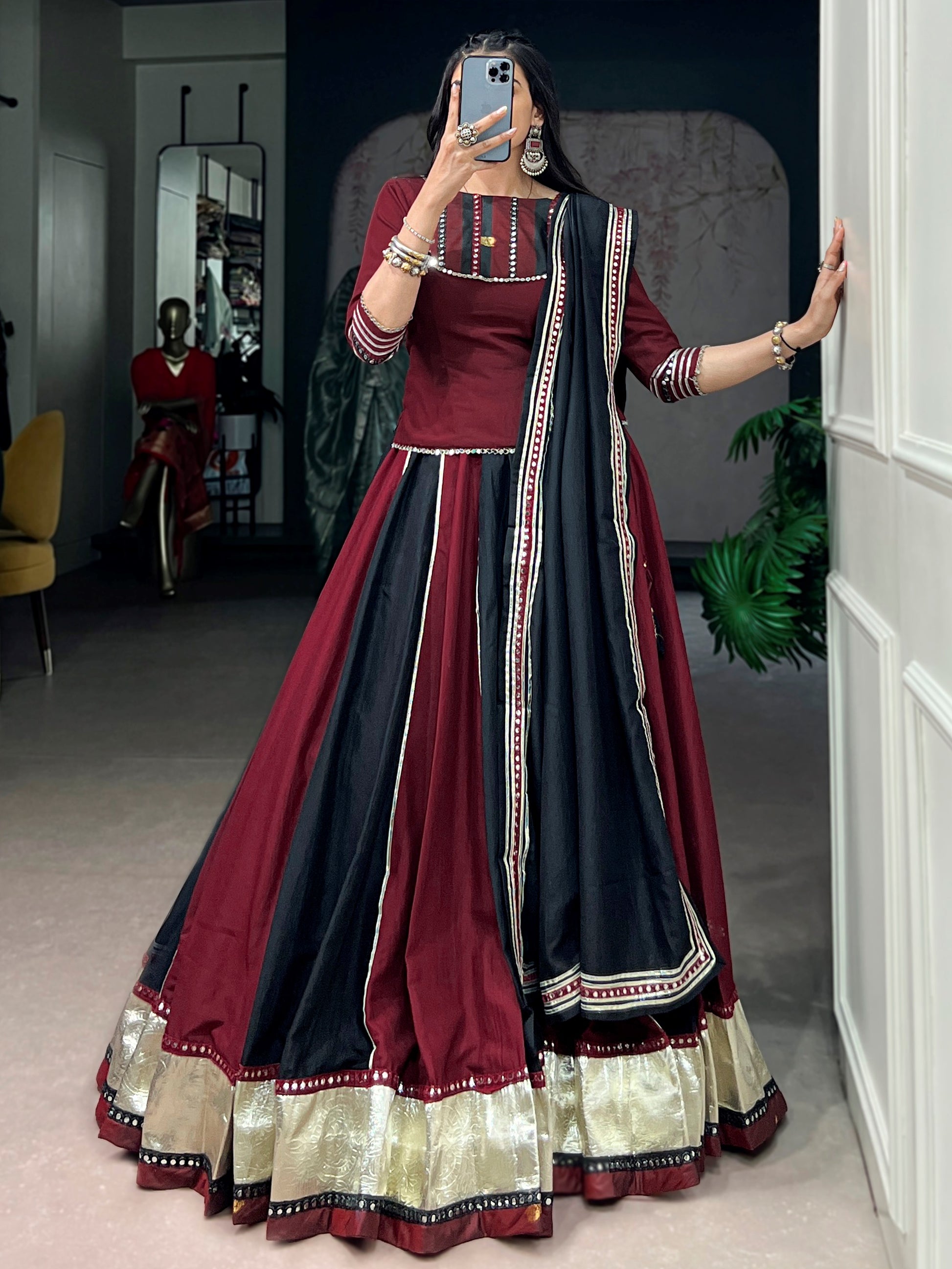 Elegant Maroon Mirror Work Chinon Navratri Wear Lehenga Choli With Dupatta 