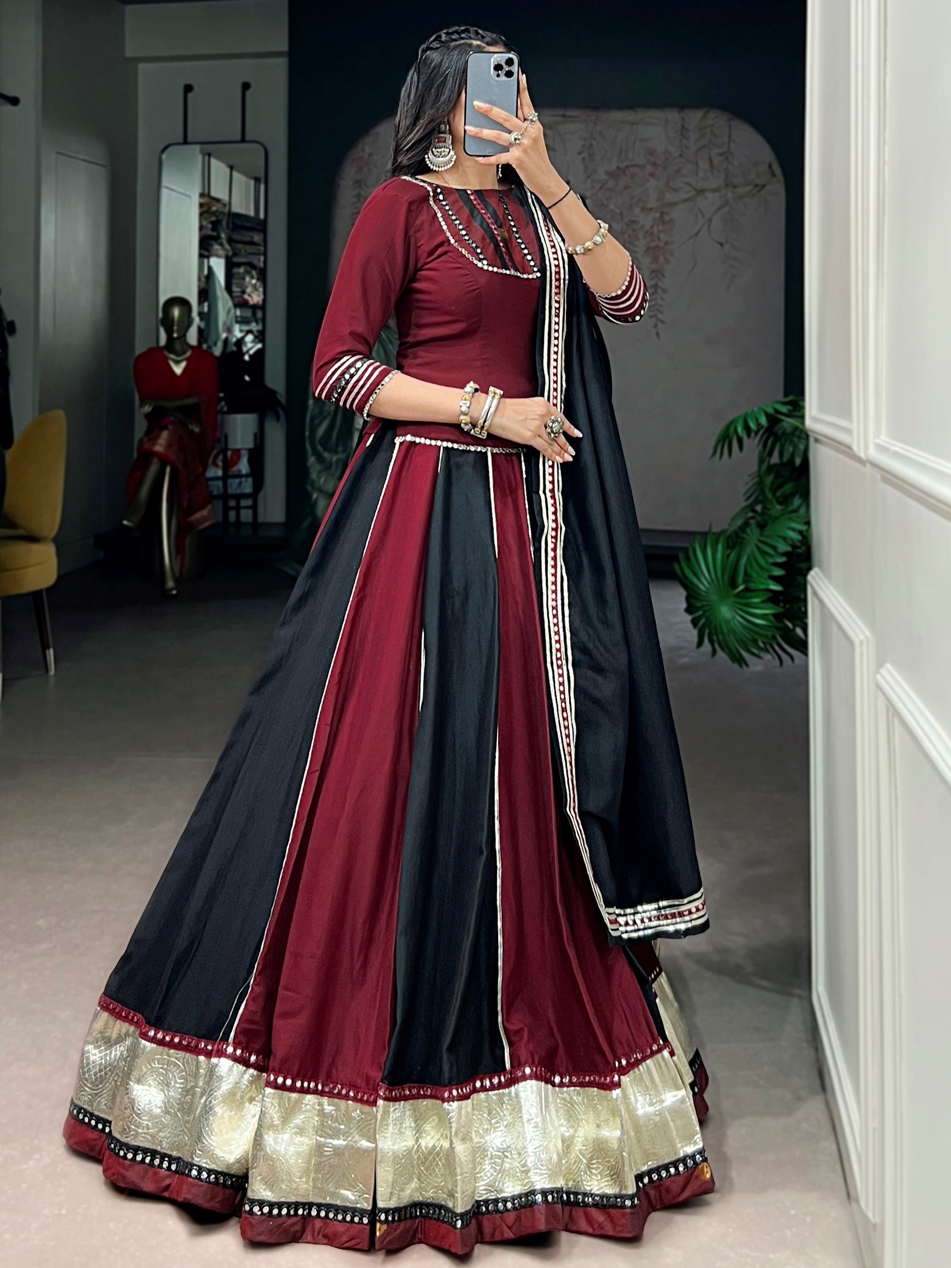 Elegant Maroon Mirror Work Chinon Navratri Wear Lehenga Choli With Dupatta 