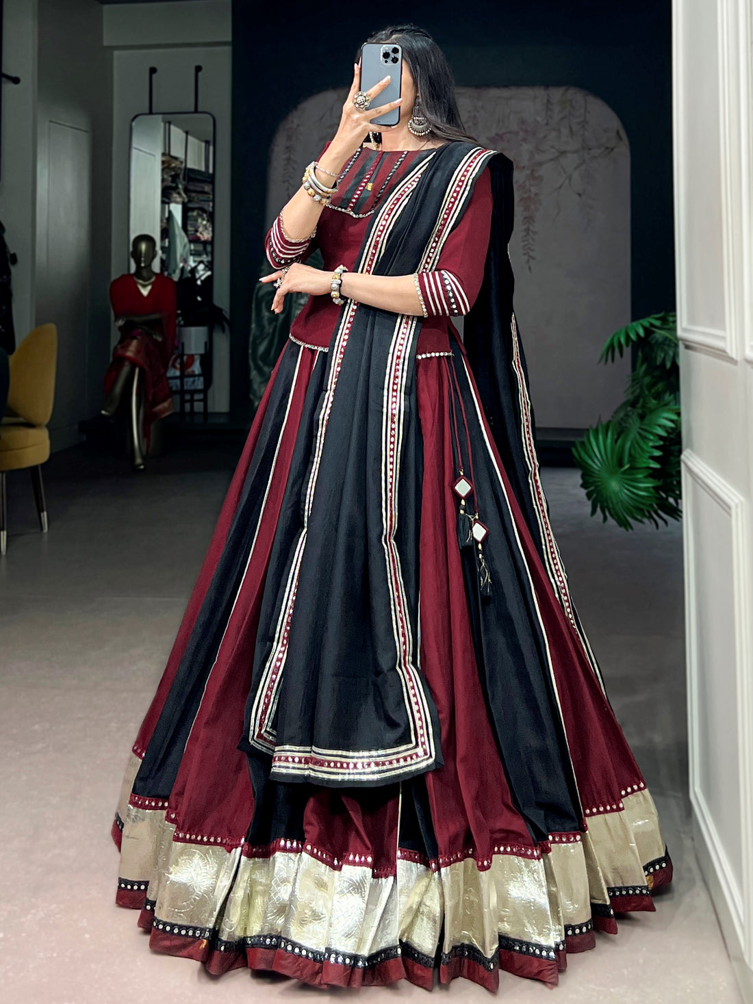 Elegant Maroon Mirror Work Chinon Navratri Wear Lehenga Choli With Dupatta 